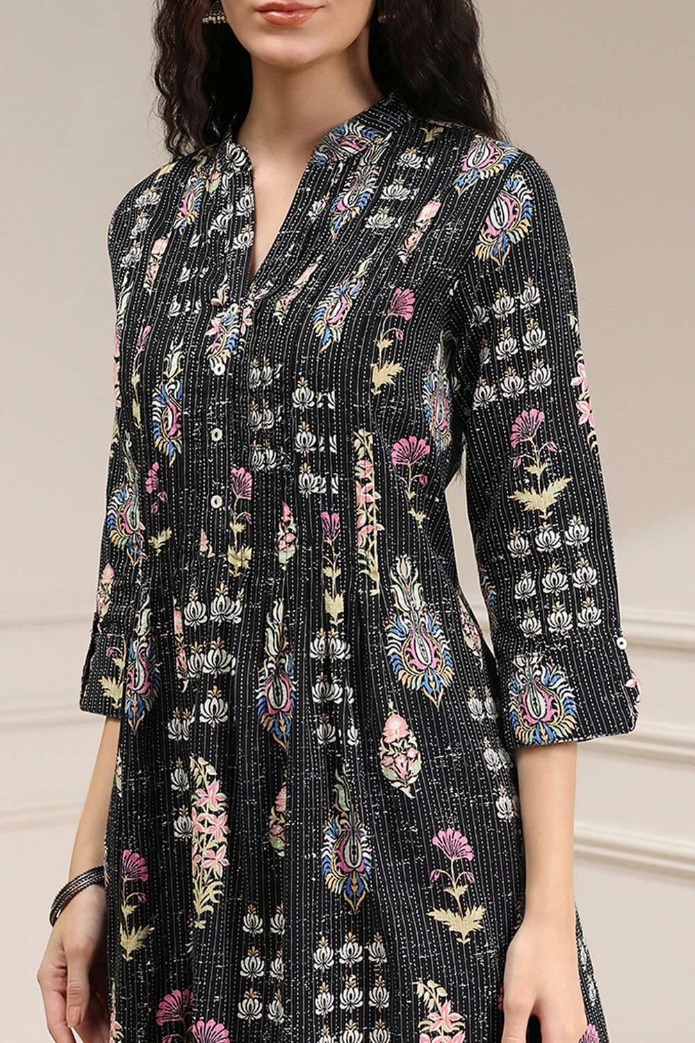 Black Cotton Printed A-Line Kurta image number 1