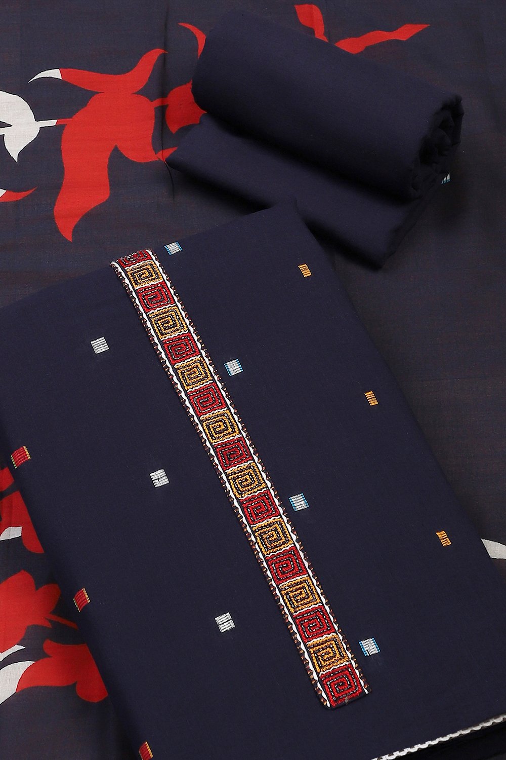 Navy Blue Cotton Unstitched Suit Set image number 3