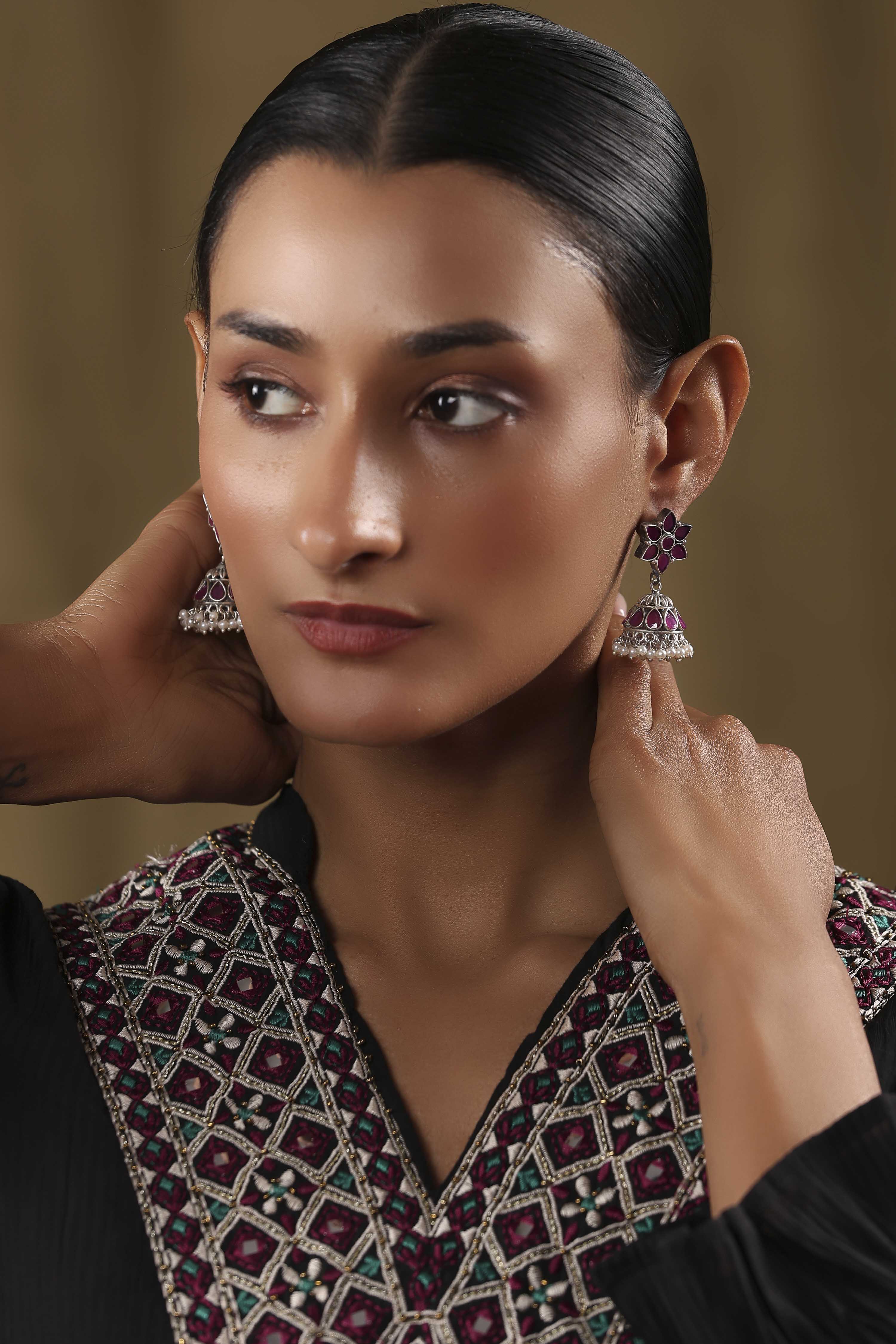 Dark Pink Brass Jhumka image number 3