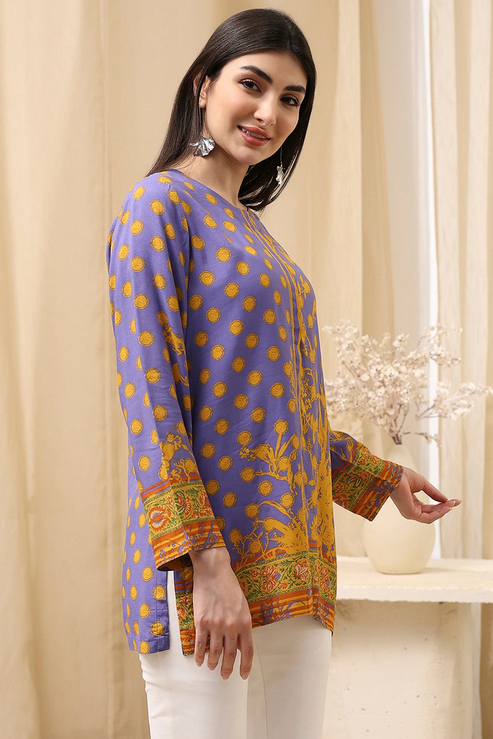 Purple Muslin Printed Straight Short Kurta image number 3