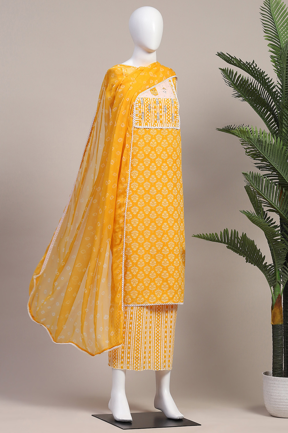 Yellow Cotton Hand Block Embroidered Unstitched Suit Set image number 4