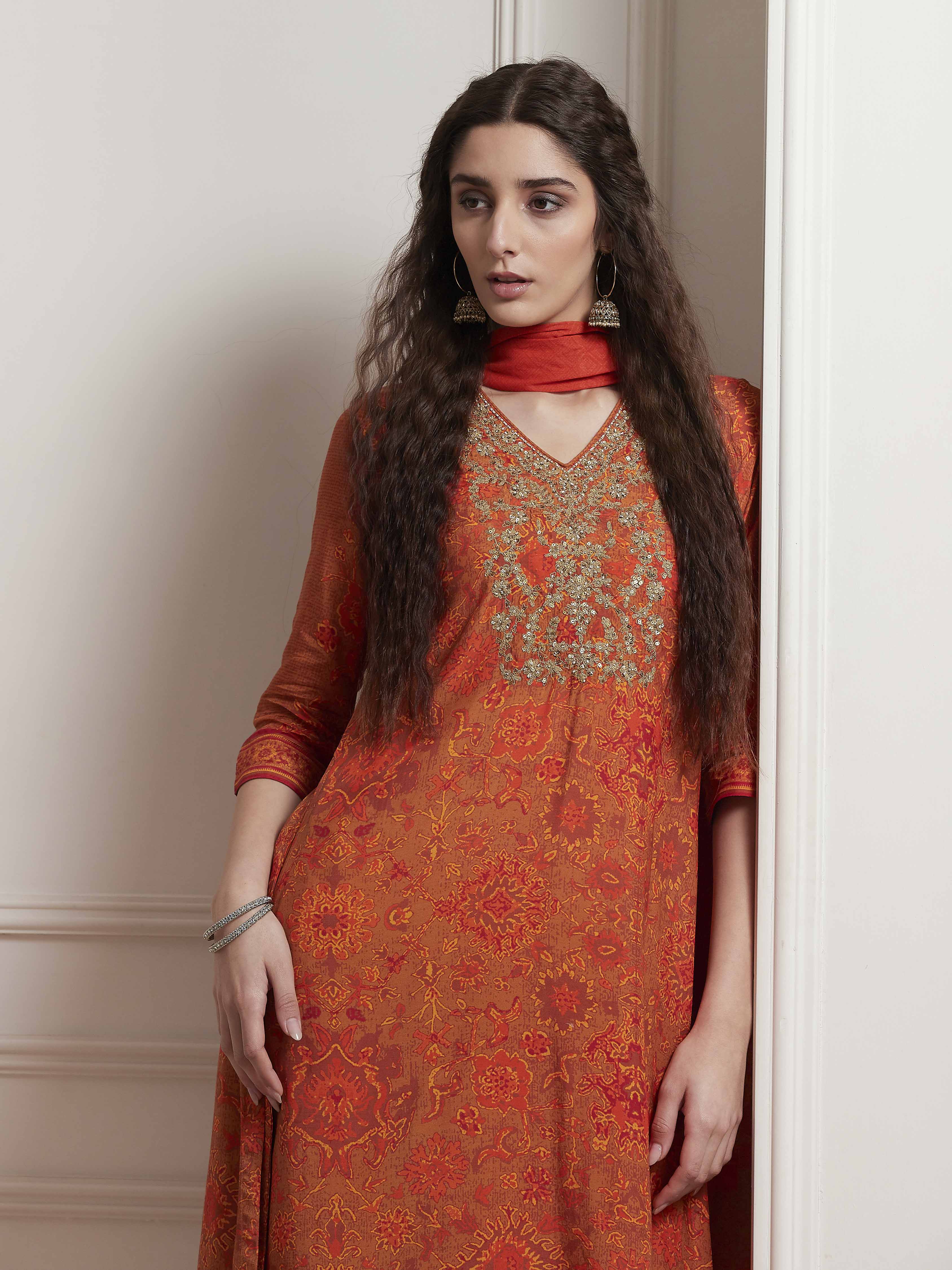 Orange Modal Printed Straight Suit Set image number 8