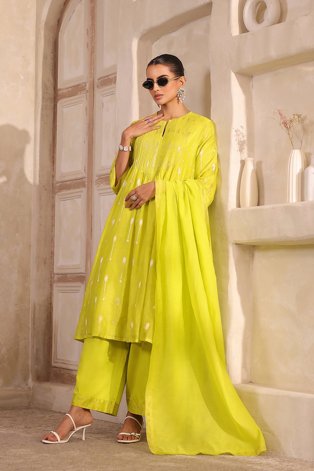 Lime Green Silk Gathered Yarndyed Suit Set image number 6
