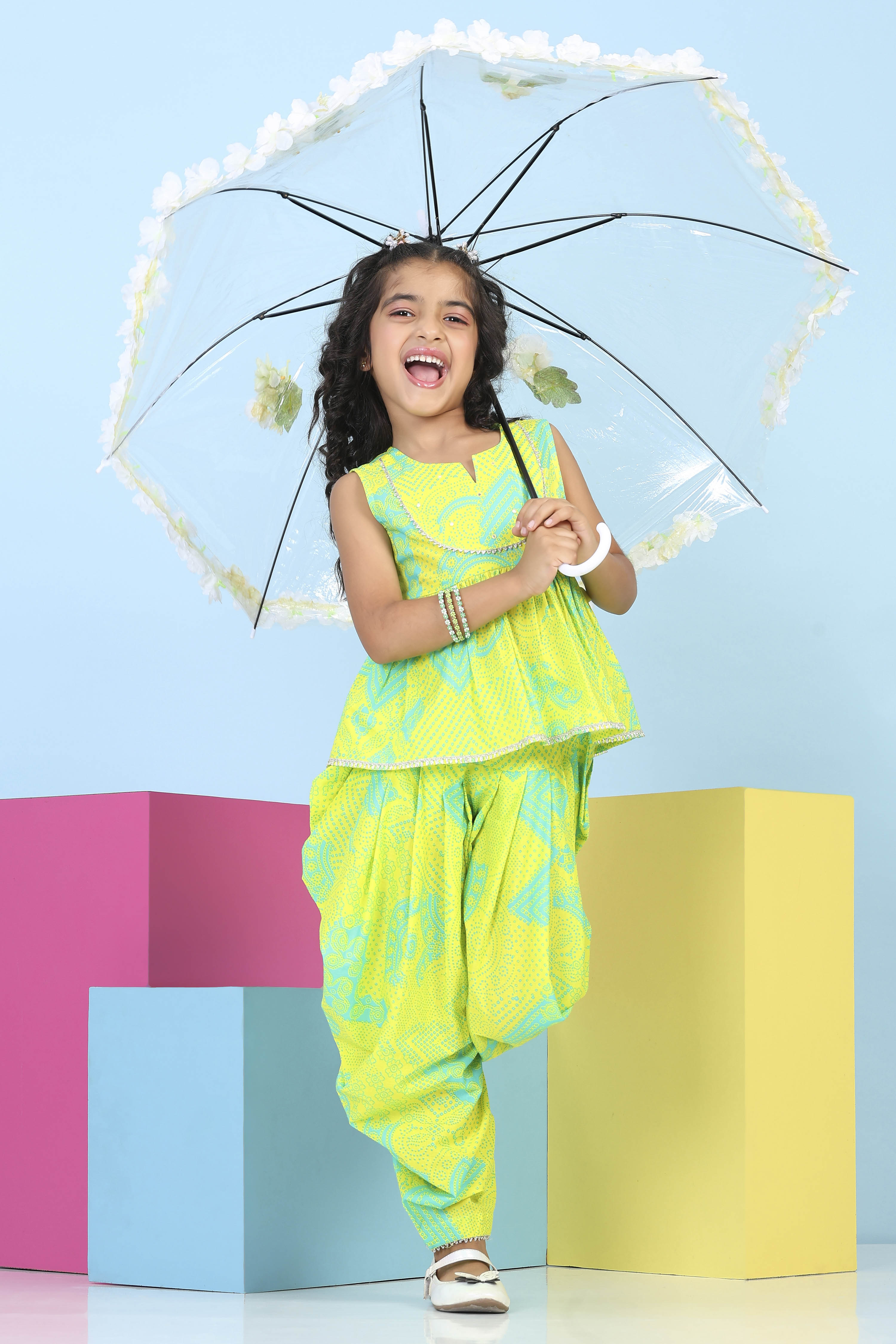 Lime Green Cotton Printed A-line Suit Set image number 0