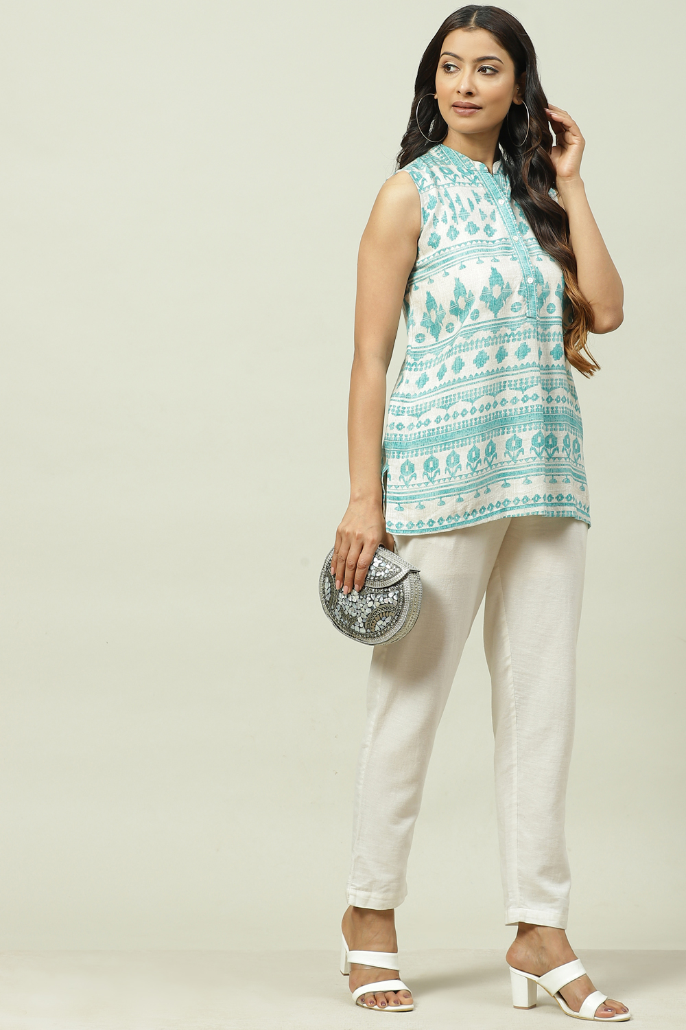 Turquoise Rayon Flared Printed Top image number 0