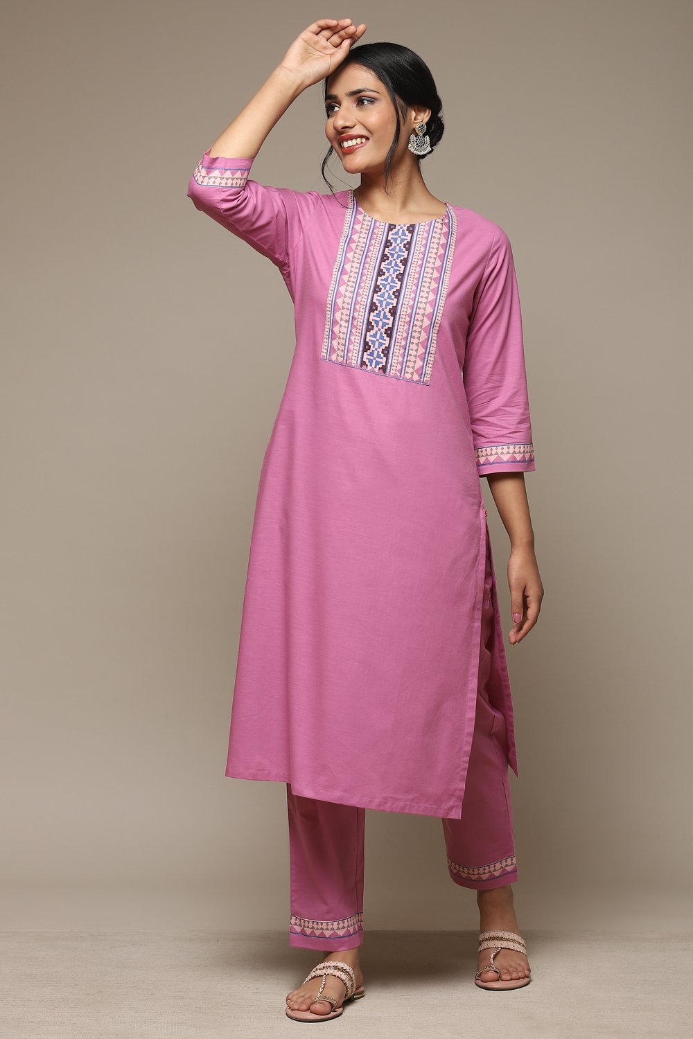 Black Cotton Straight Kurta Pant Suit Set image number 0