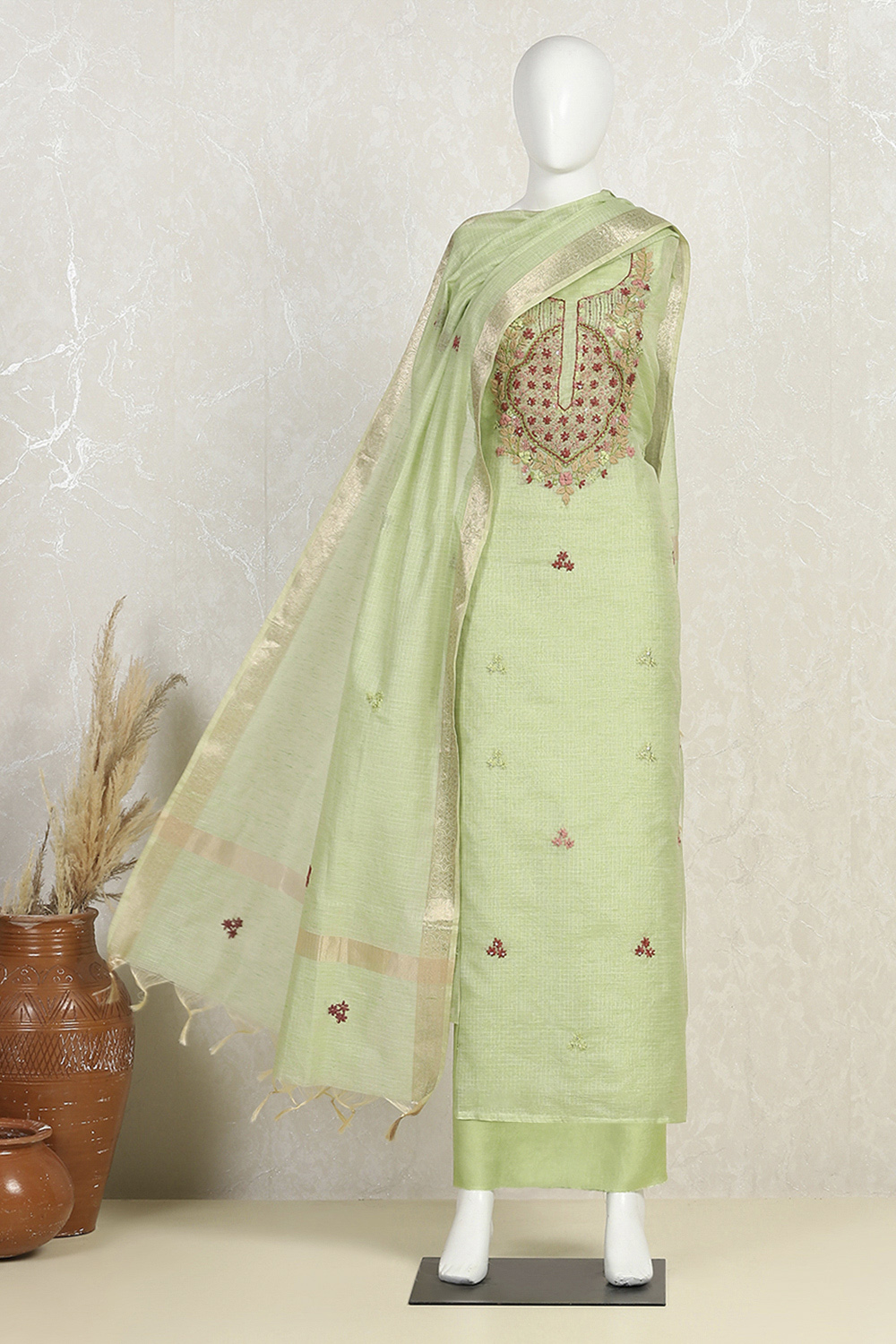 Pista Green Silk Blend Hand Embroidered Unstitched Suit Set image number 4