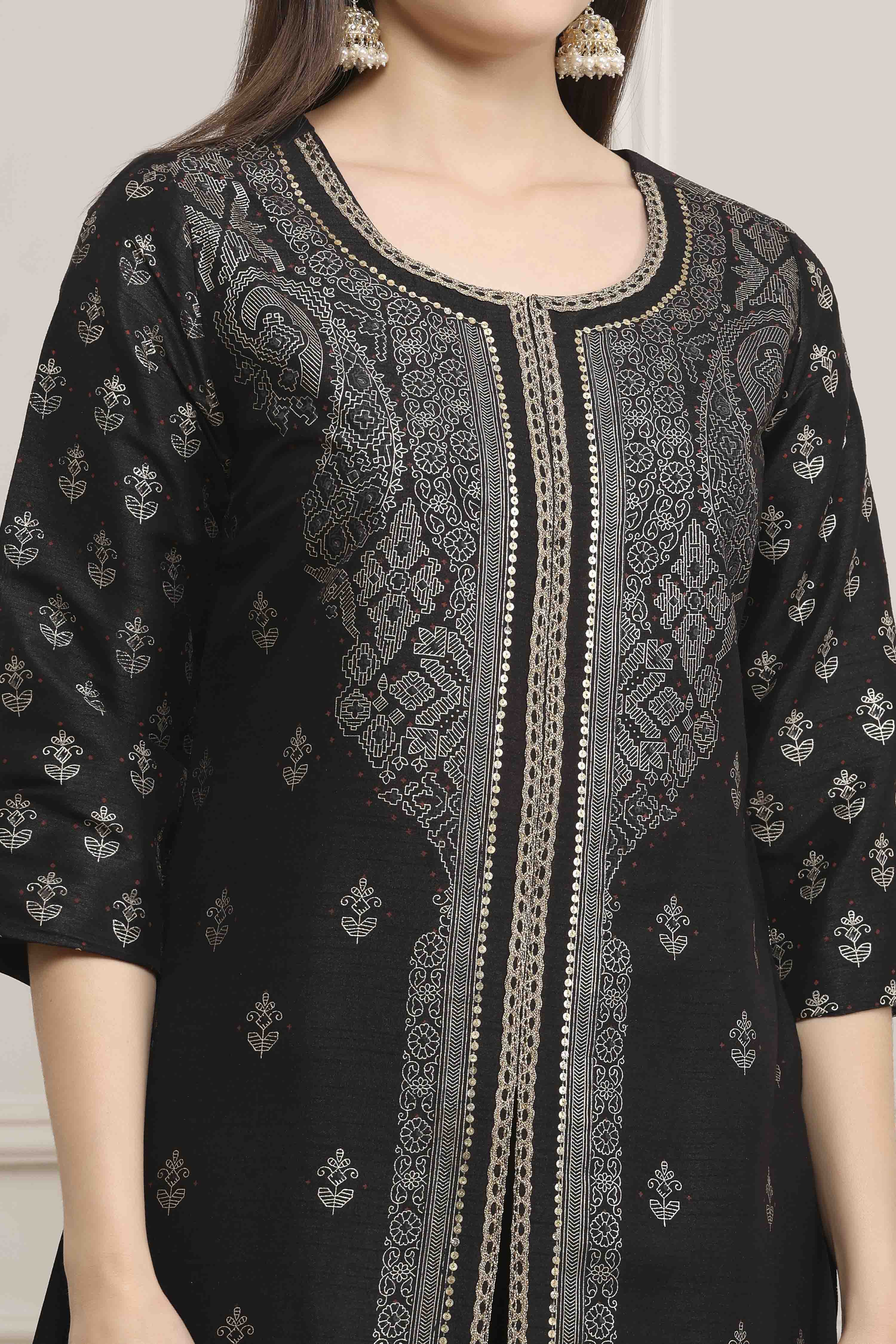 Black Poly Dupion Straight Suit Set image number 1