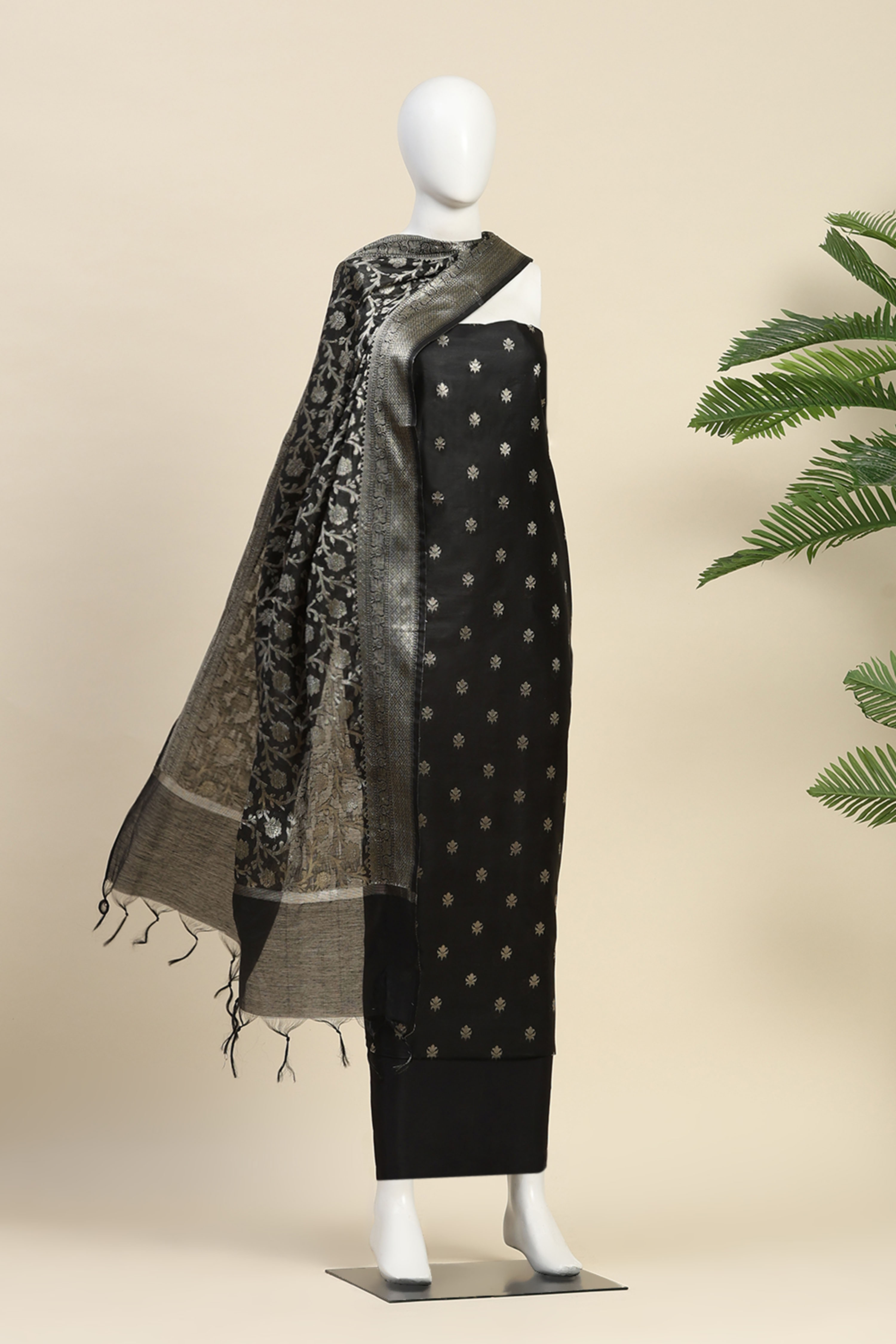 Green Black Poly Cotton Banarasi Unstitched Suit Set image number 4