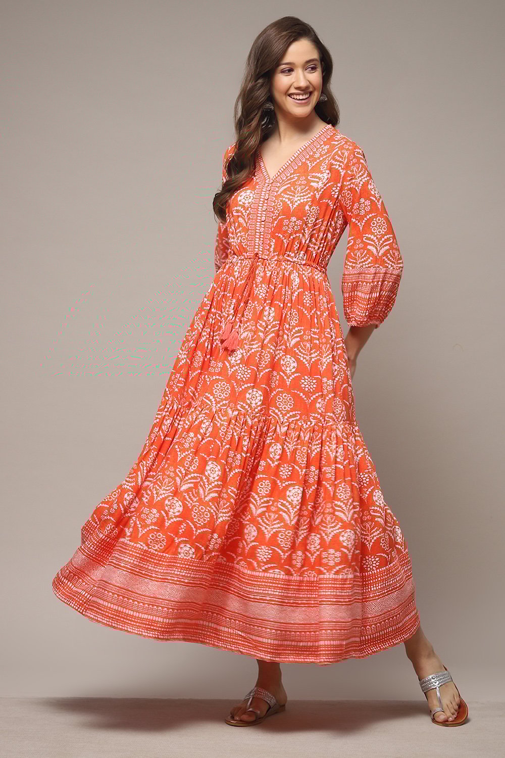 Orange Printed Tiered Dress image number 0