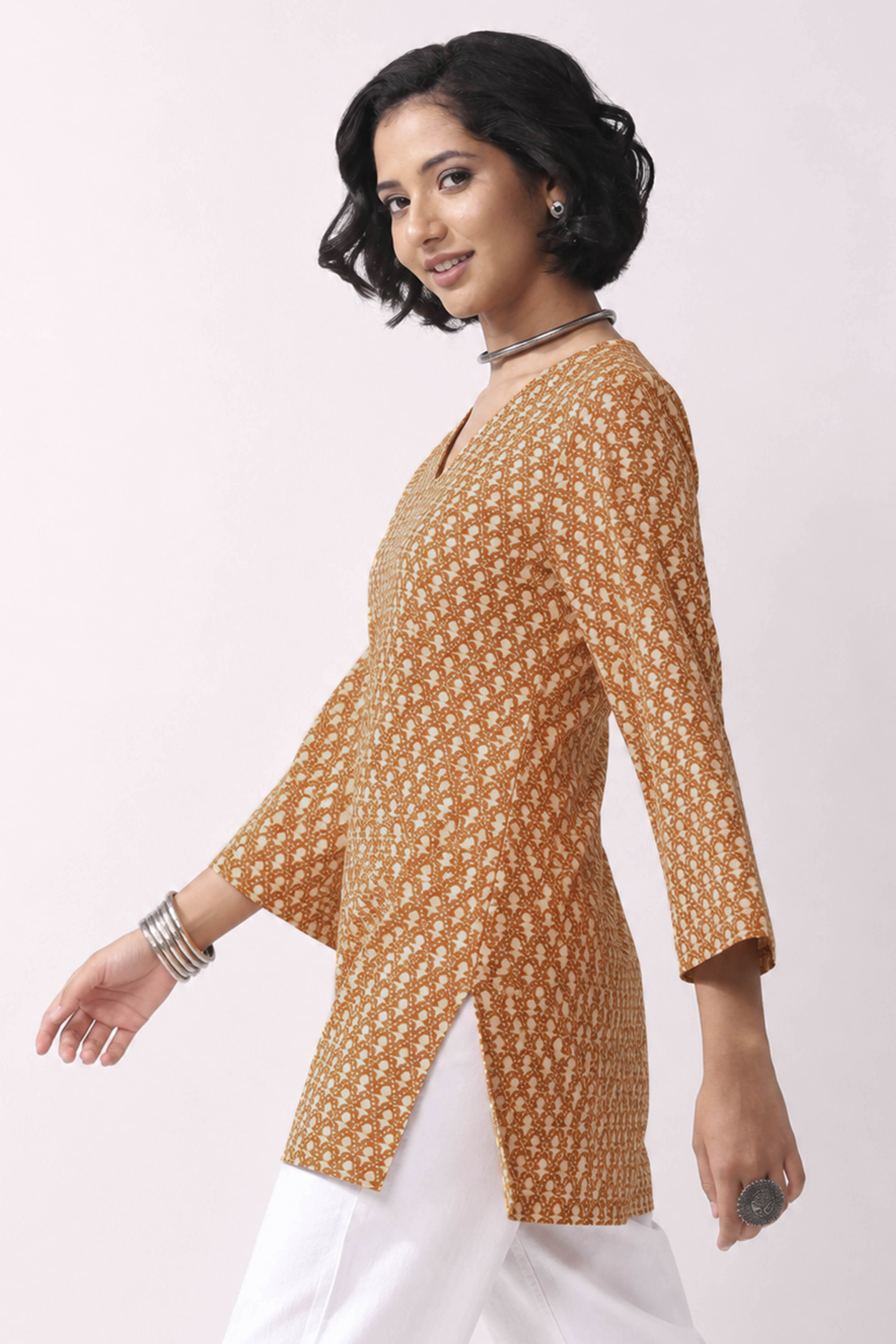 Mustard Cotton Straight Short Kurti image number 2