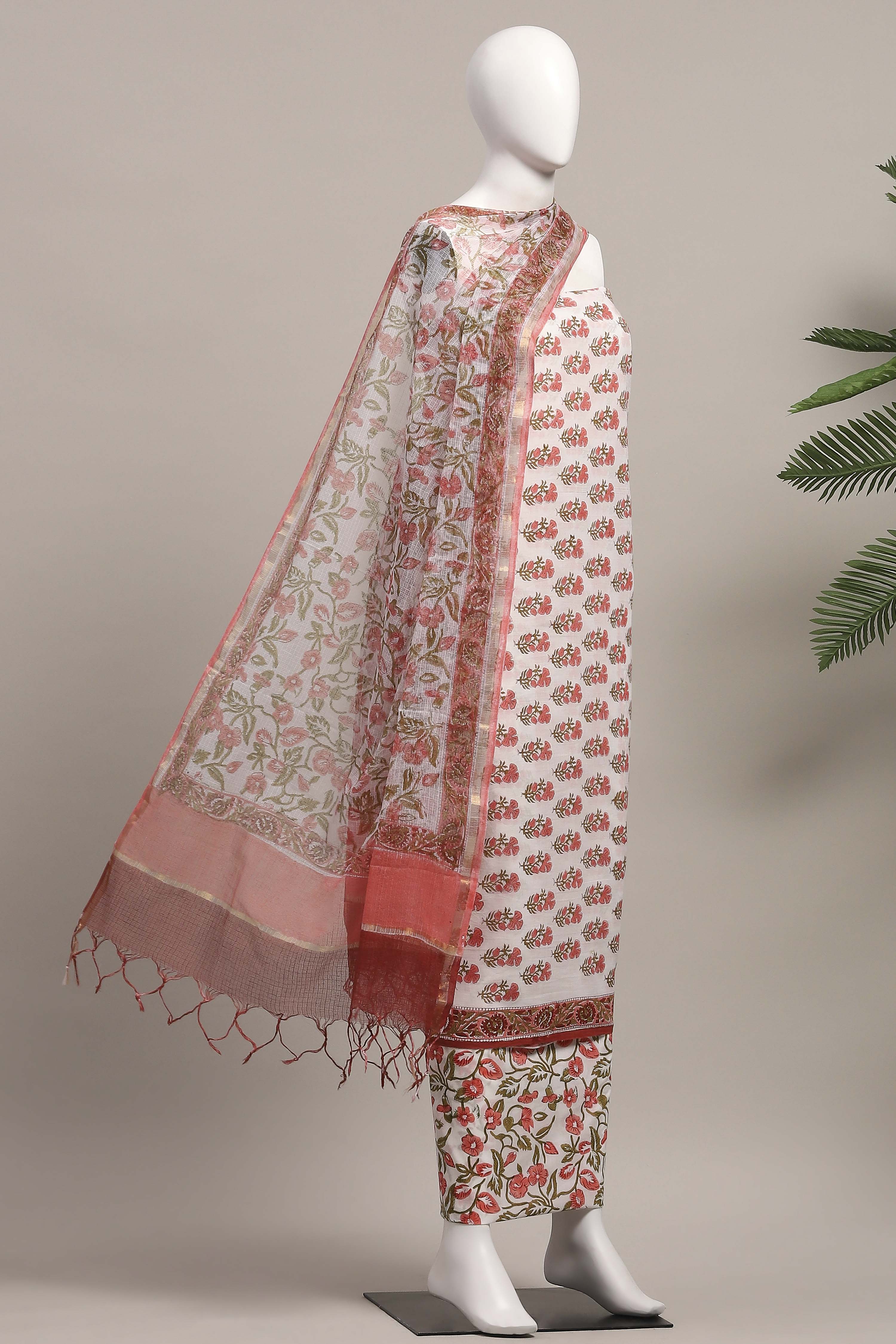 Pink Cotton Printed Embroidered Unstitched Suit Set image number 4