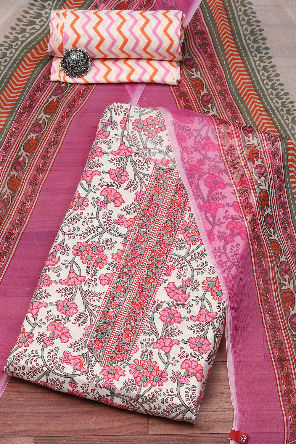 Pink Cotton Handloom Unstitched Suit Set image number 0