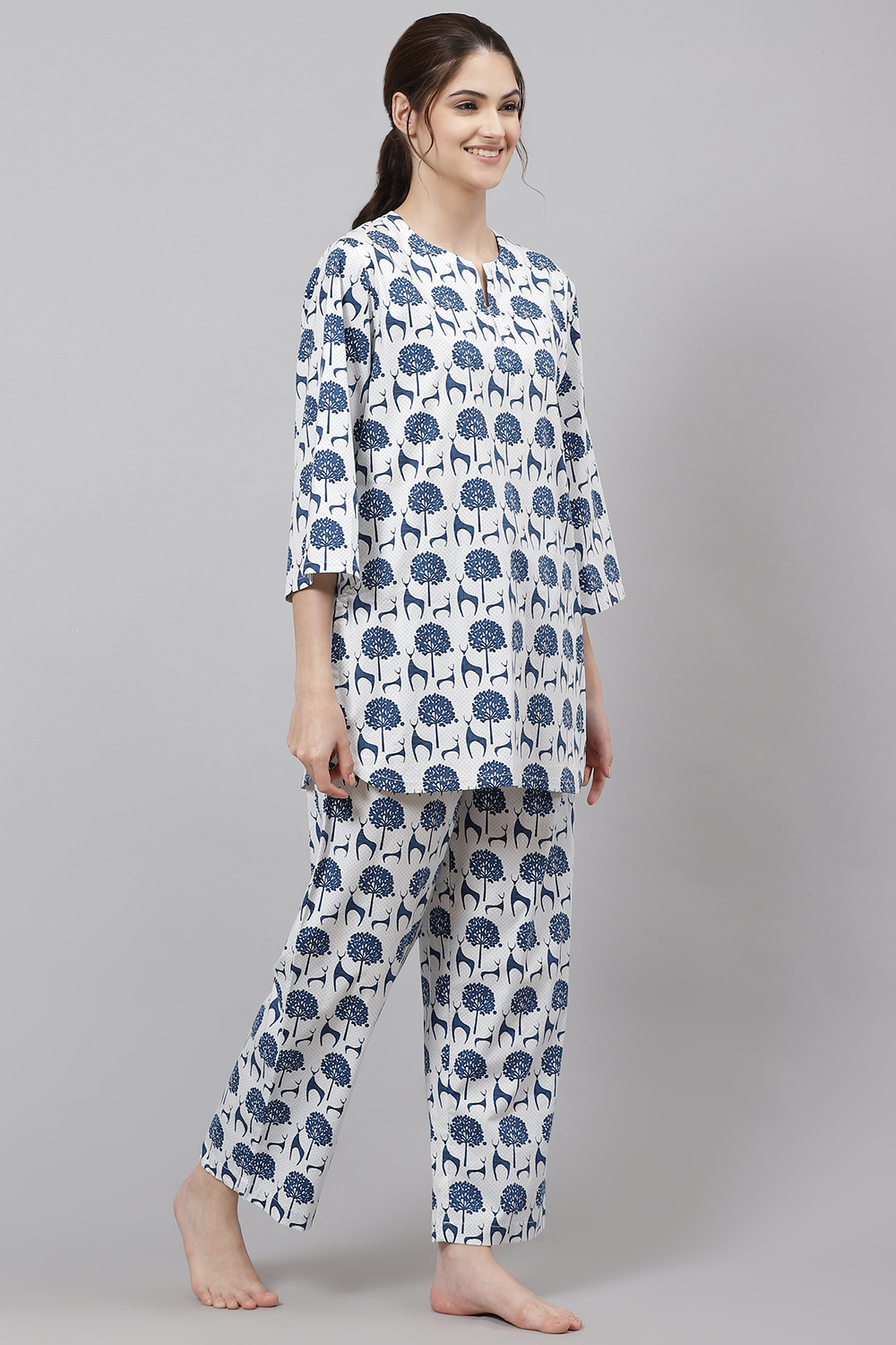 Off White Straight Cotton Three Piece Printed Sleepwear Set image number 5