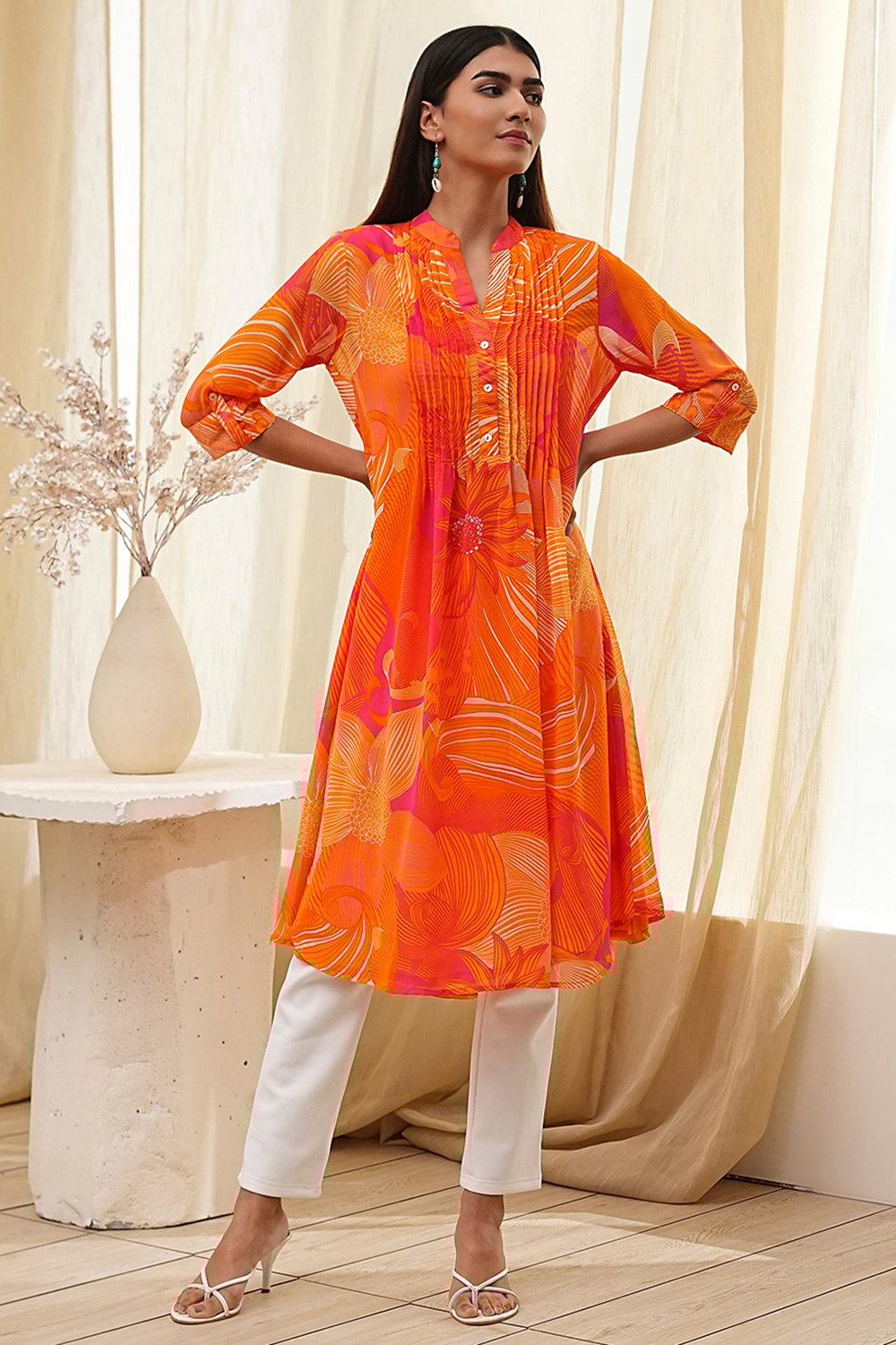 Blue Printed Pleated A-Line Kurta image number 5