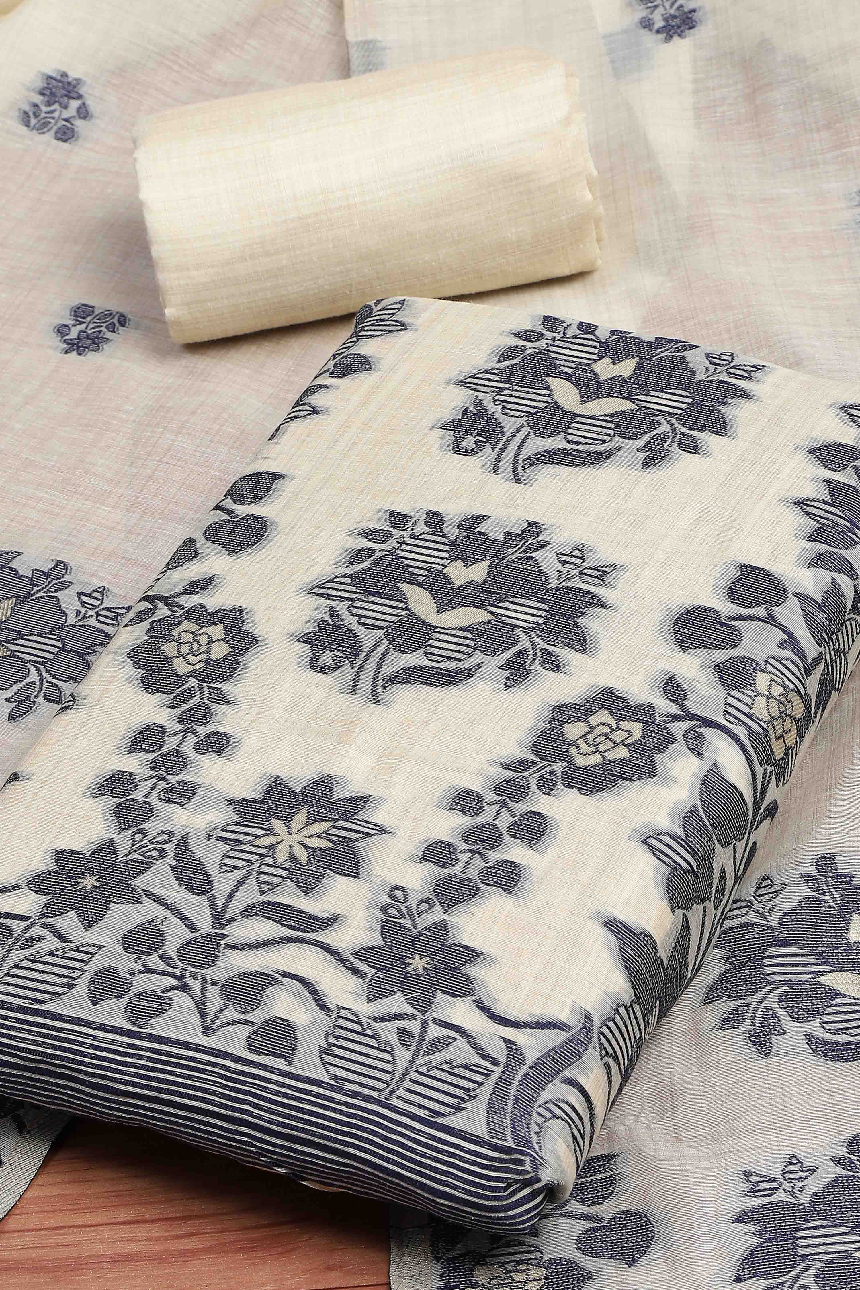 Blue Chanderi Printed Unstitched Suit Set image number 1