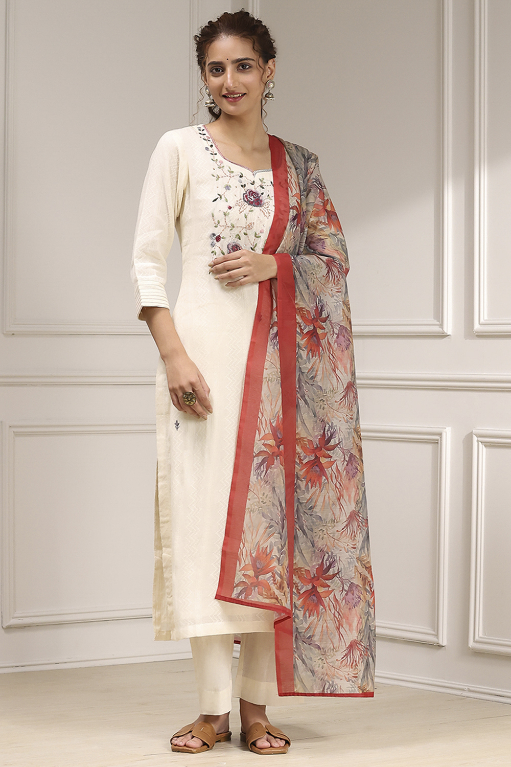 Off White Cotton Hand Embroidered Unstitched Suit Set image number 1