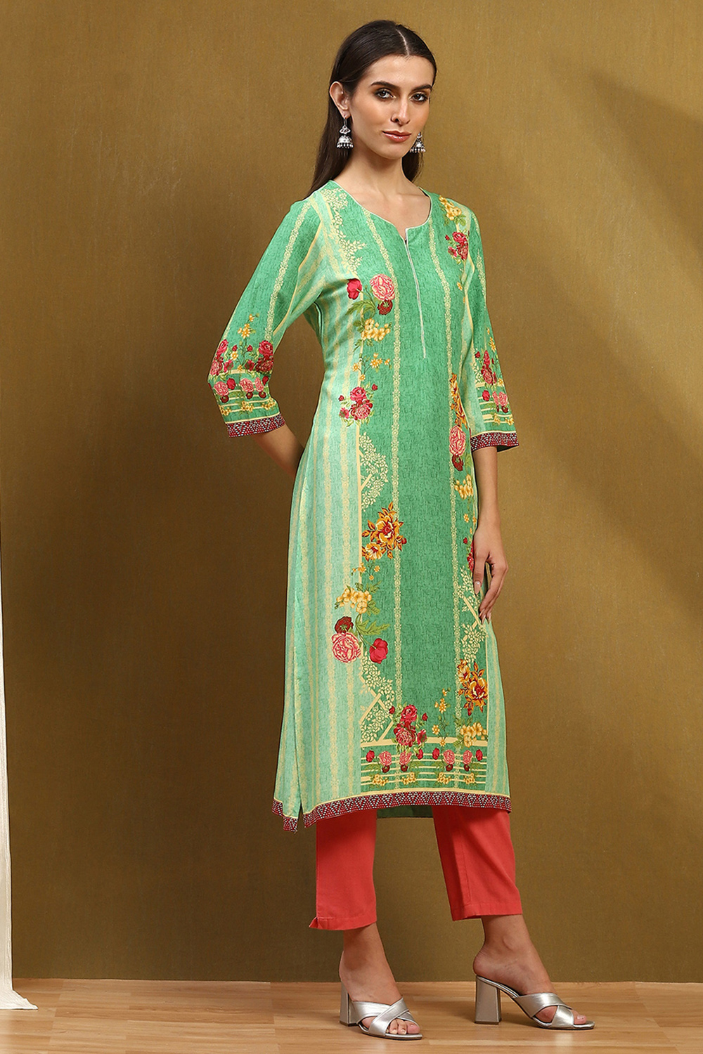 Grey Floral Block-Printed Regular Fit Straight Kurta image number 4
