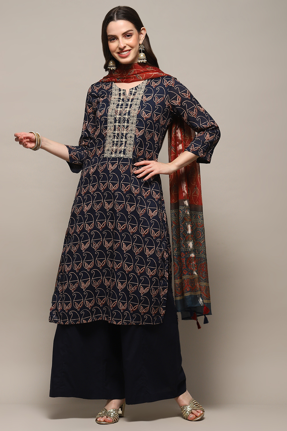 Indigo Cotton Blend Flared Kurta Palazzo Suit Set image number 7