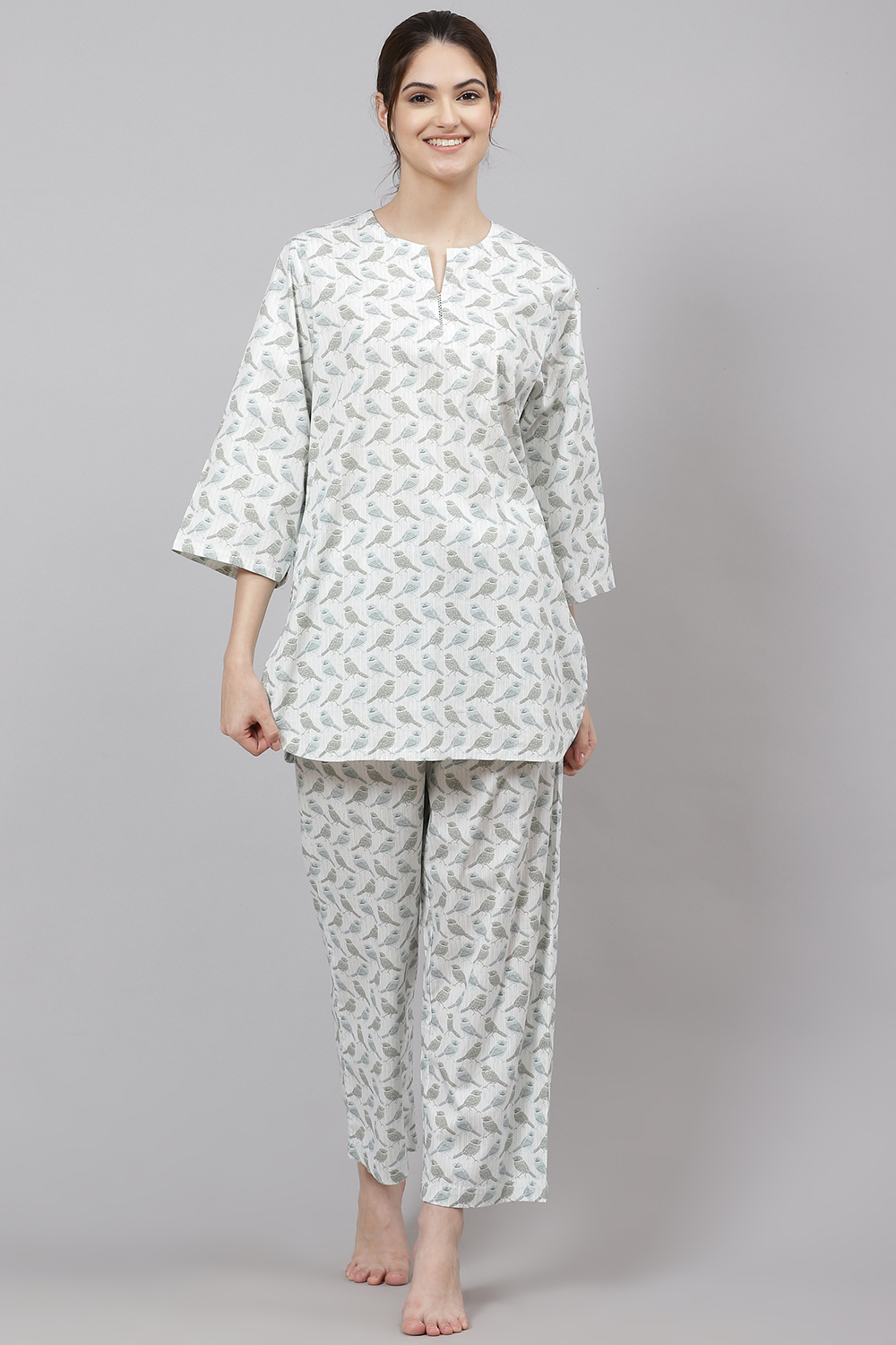 Mint Straight Cotton Three Piece Printed Sleepwear Set image number 0