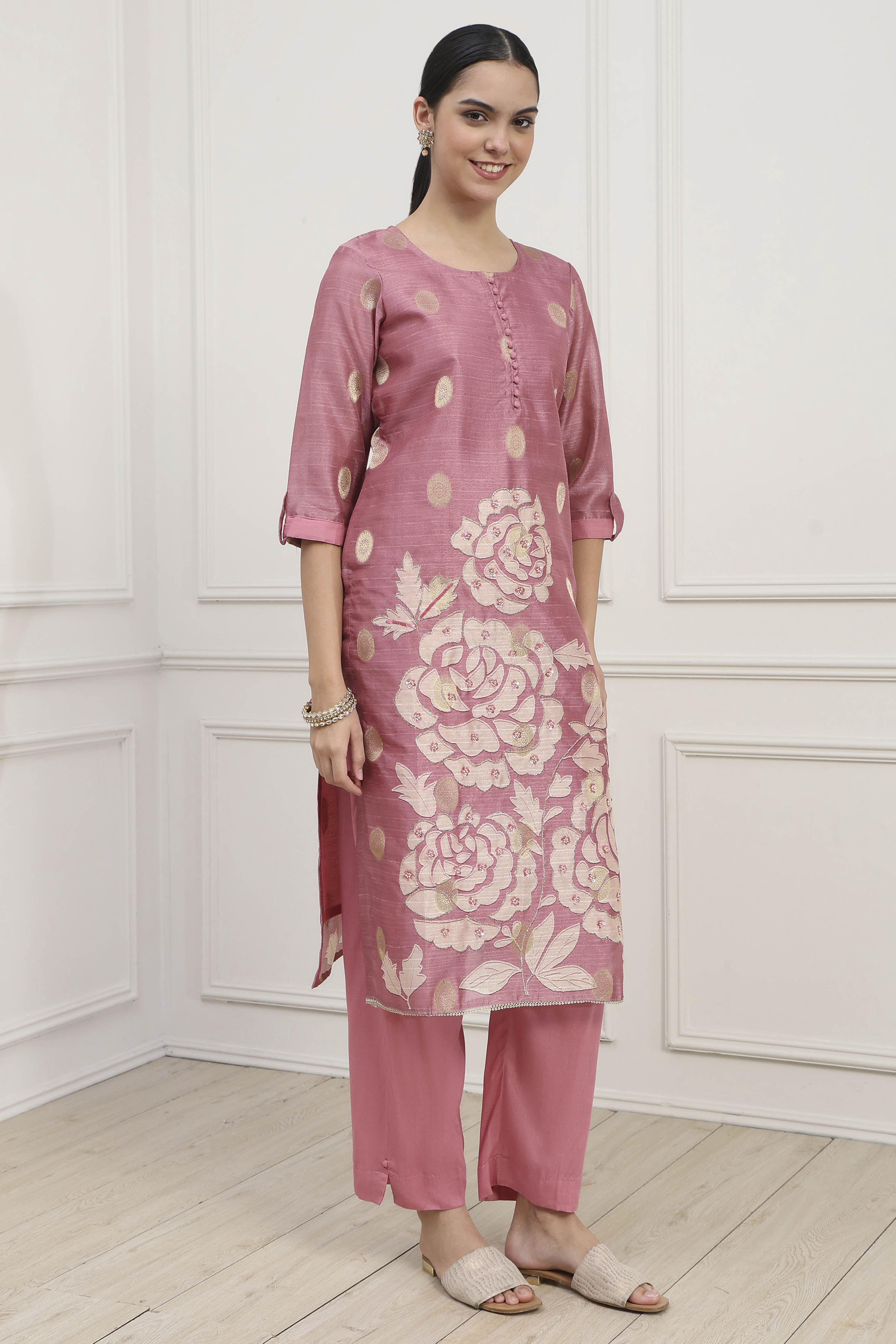 Pink Chanderi Blend Printed Embroidered Unstitched Suit Set image number 6