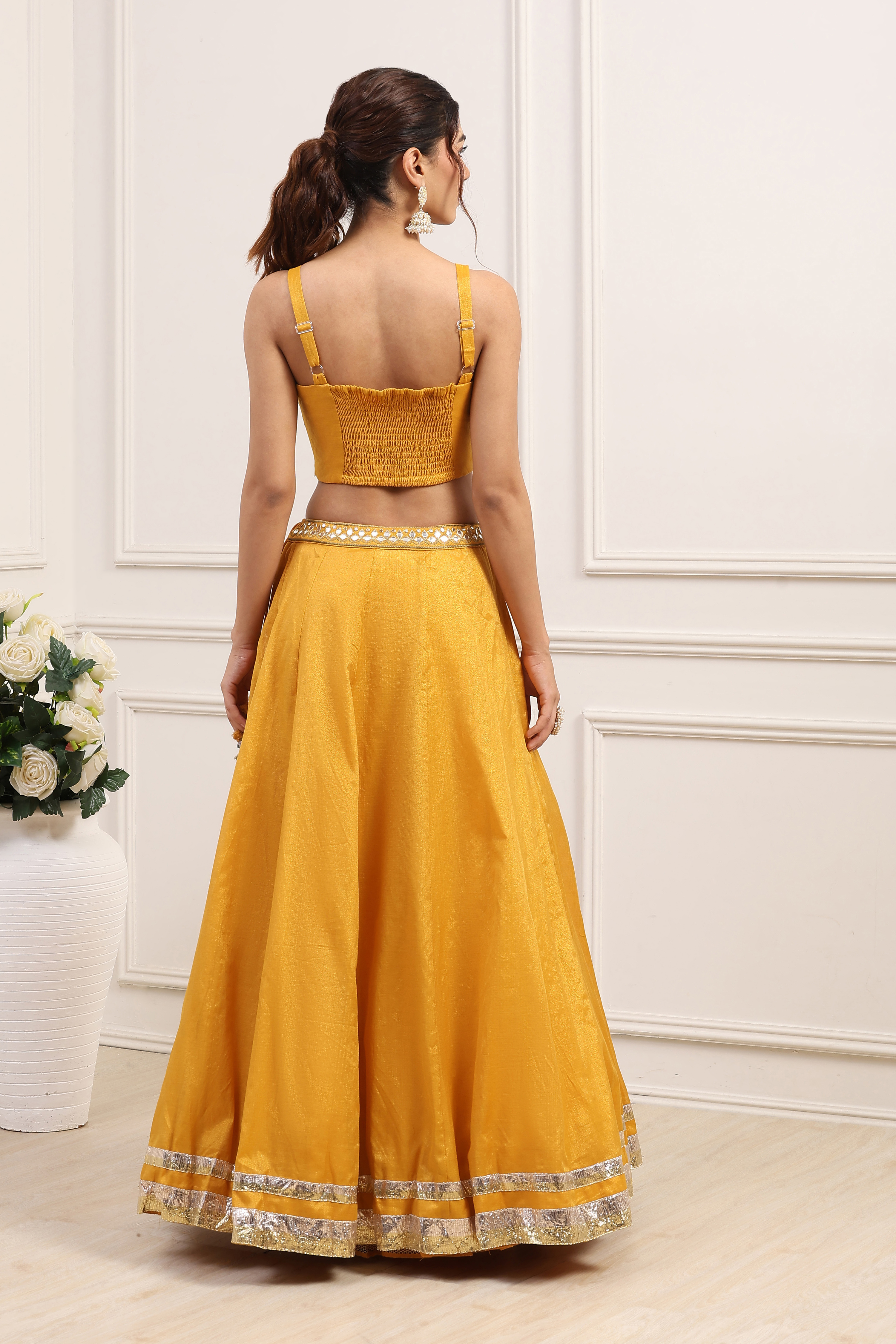 Yellow Cotton Zari Tissue Embroidered Lehenga Set image number 4