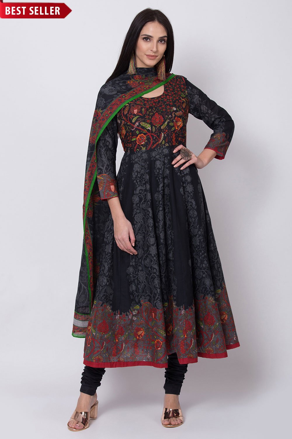 Black Cotton Anarkali Kurta Churidar Suit Set image number 0
