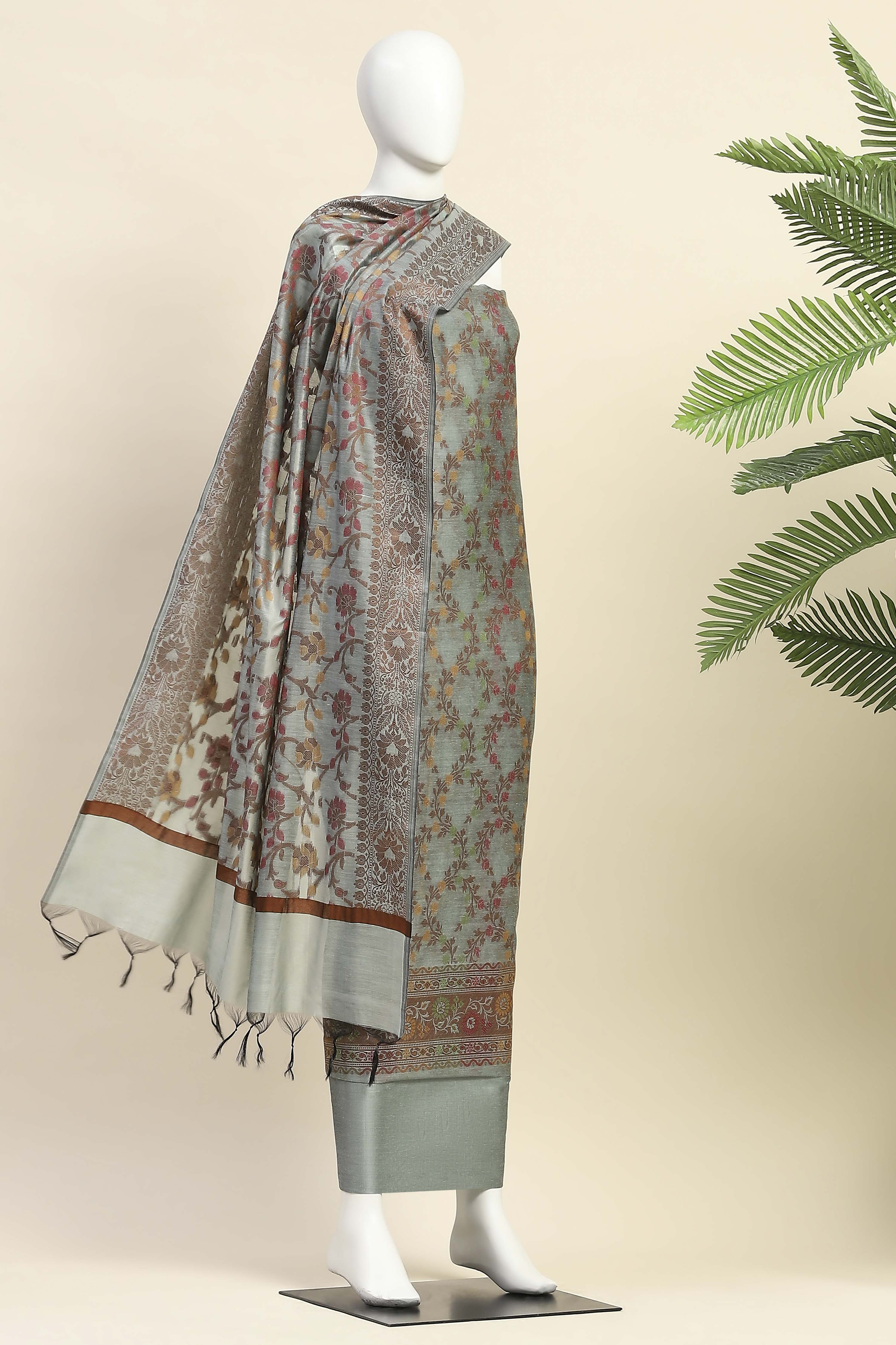 Grey Cotton Printed Embroidered Unstitched Suit Set image number 4