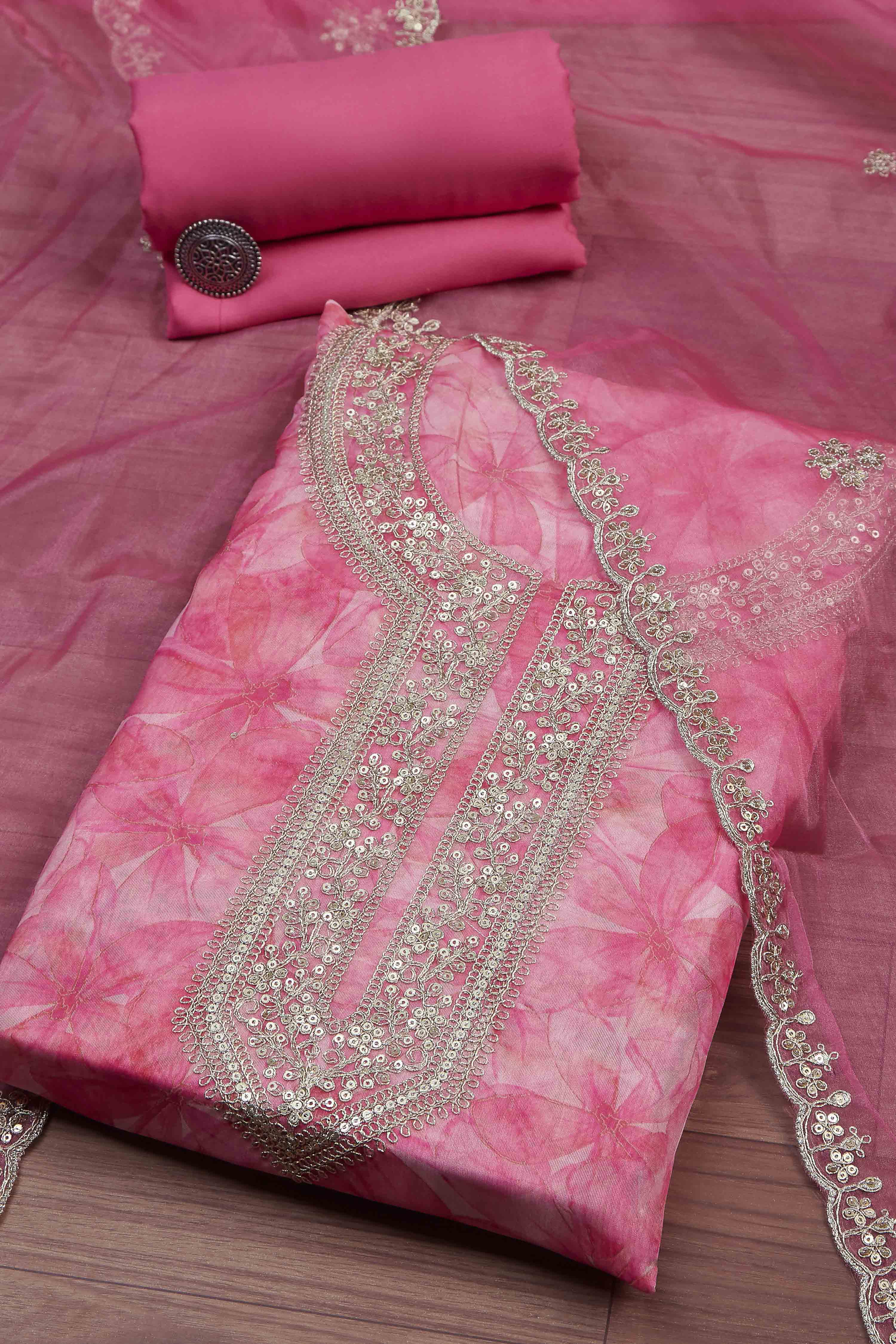 Old-Rose Organza Rajasthani Print Unstitched Suit Set image number 0