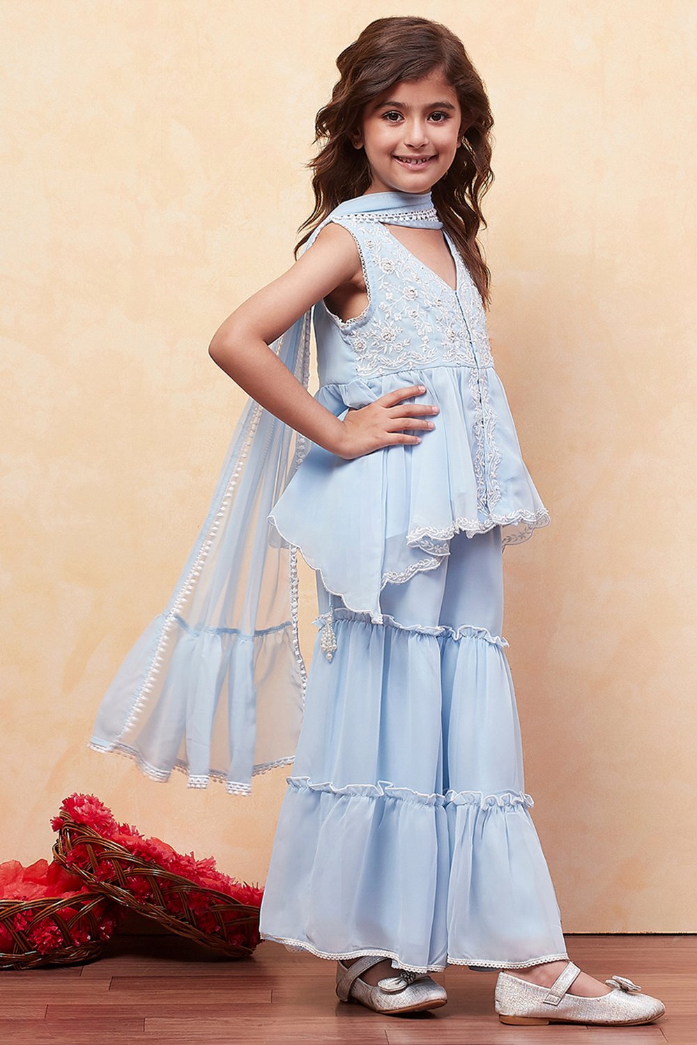 Ice Blue Polyester Peplum Suit Set image number 5