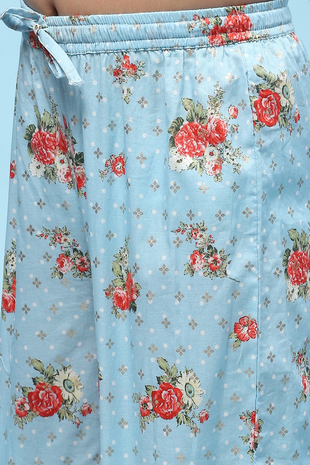 Blue Cotton Floral Printed A-Line Kurta Set image number 2