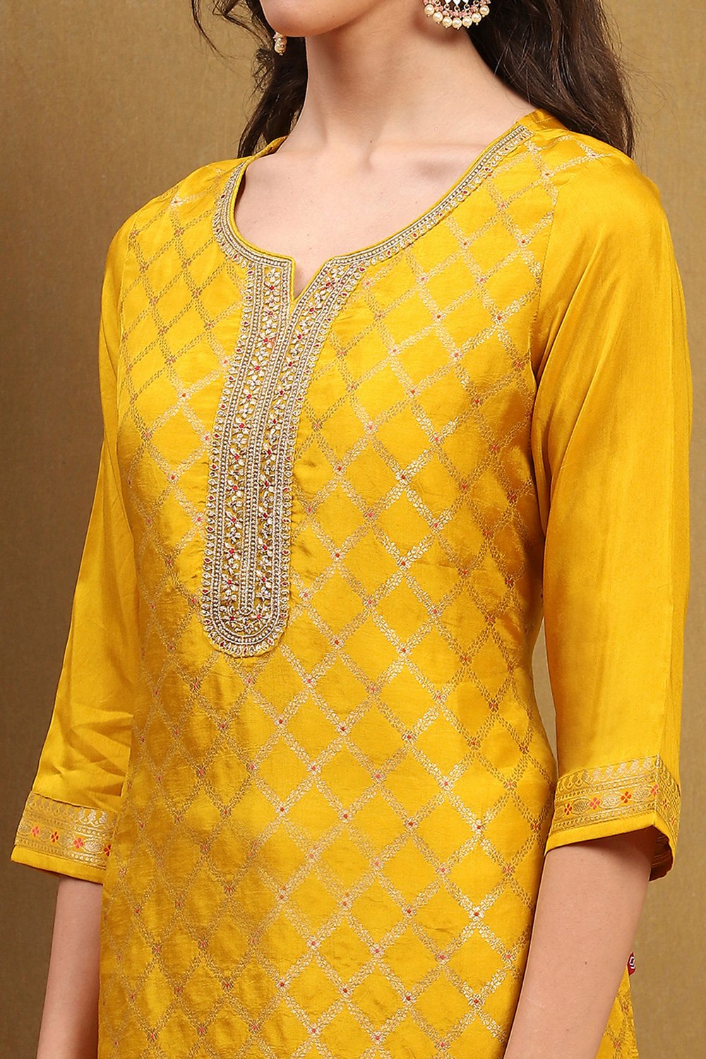 Mustard Yellow Viscose Blend Yarn Dyed Straight Suit Set image number 1