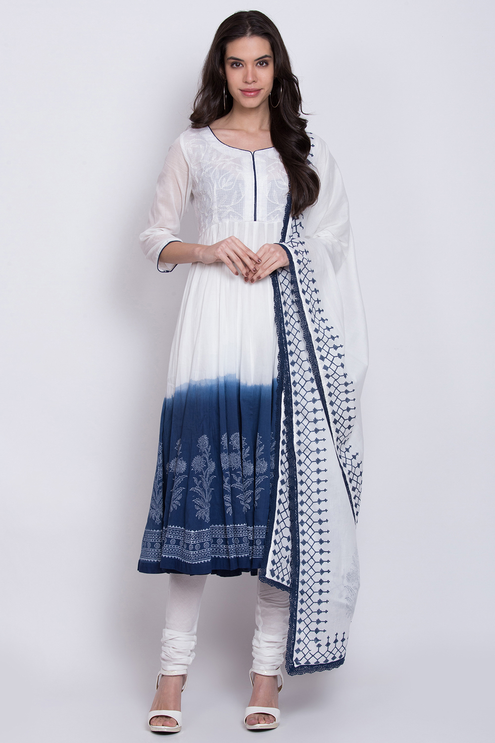 White And Blue Cotton Anarkali Kurta Churidar Suit Set image number 2