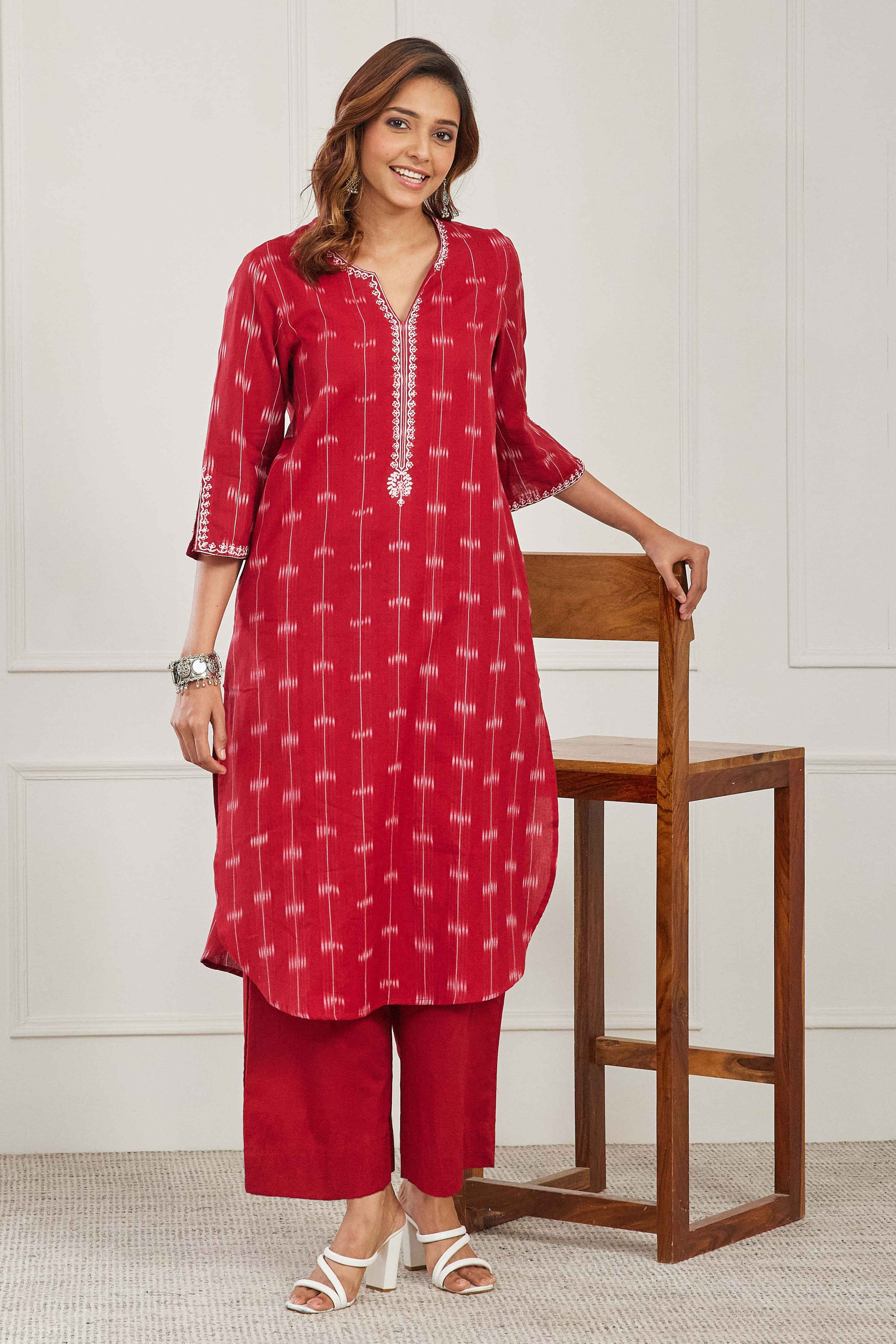 Red Cotton Printed Embroidered A-Line Kurta Set image number 0
