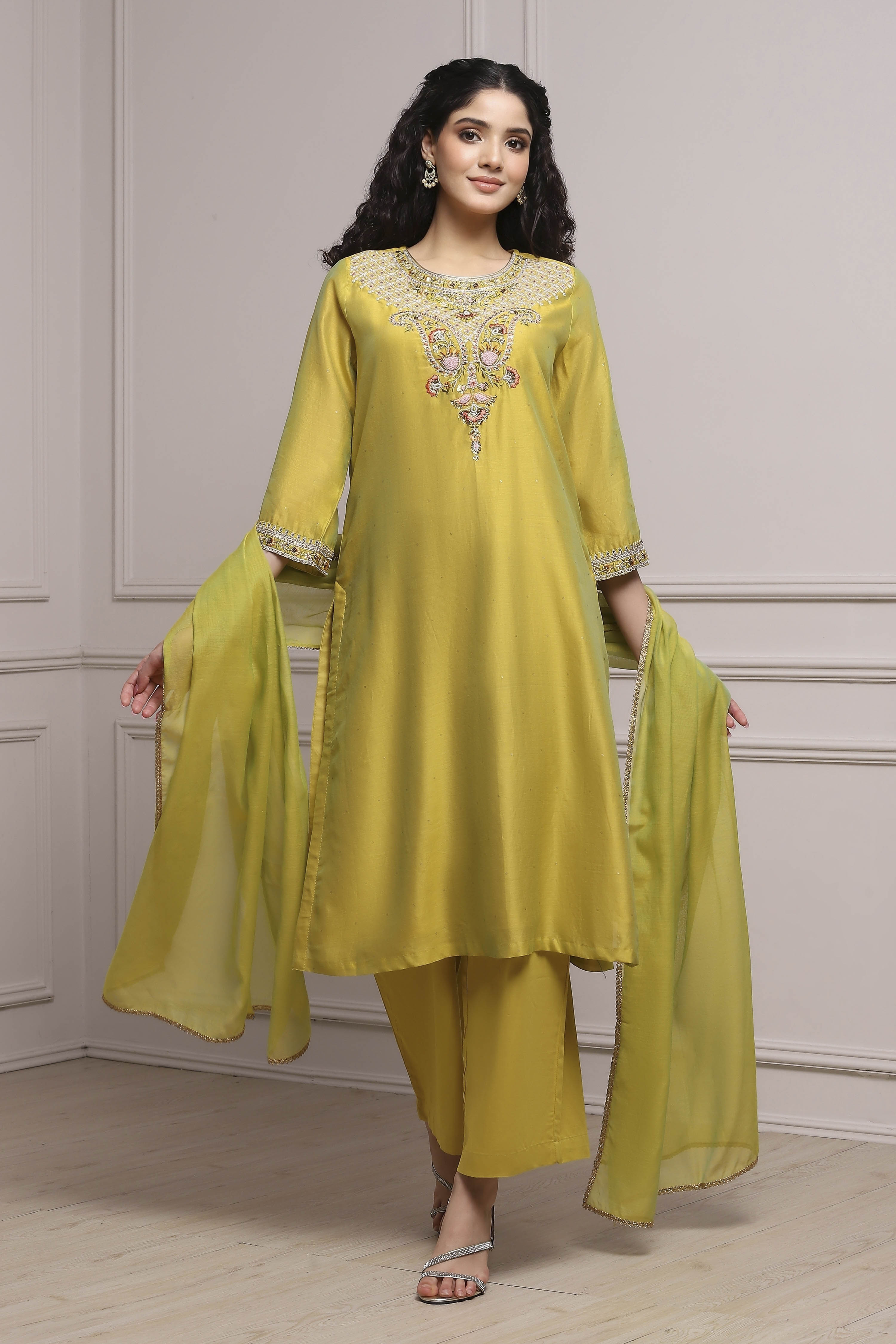 Lime Green Chanderi Straight Dyed Suit Set image number 0