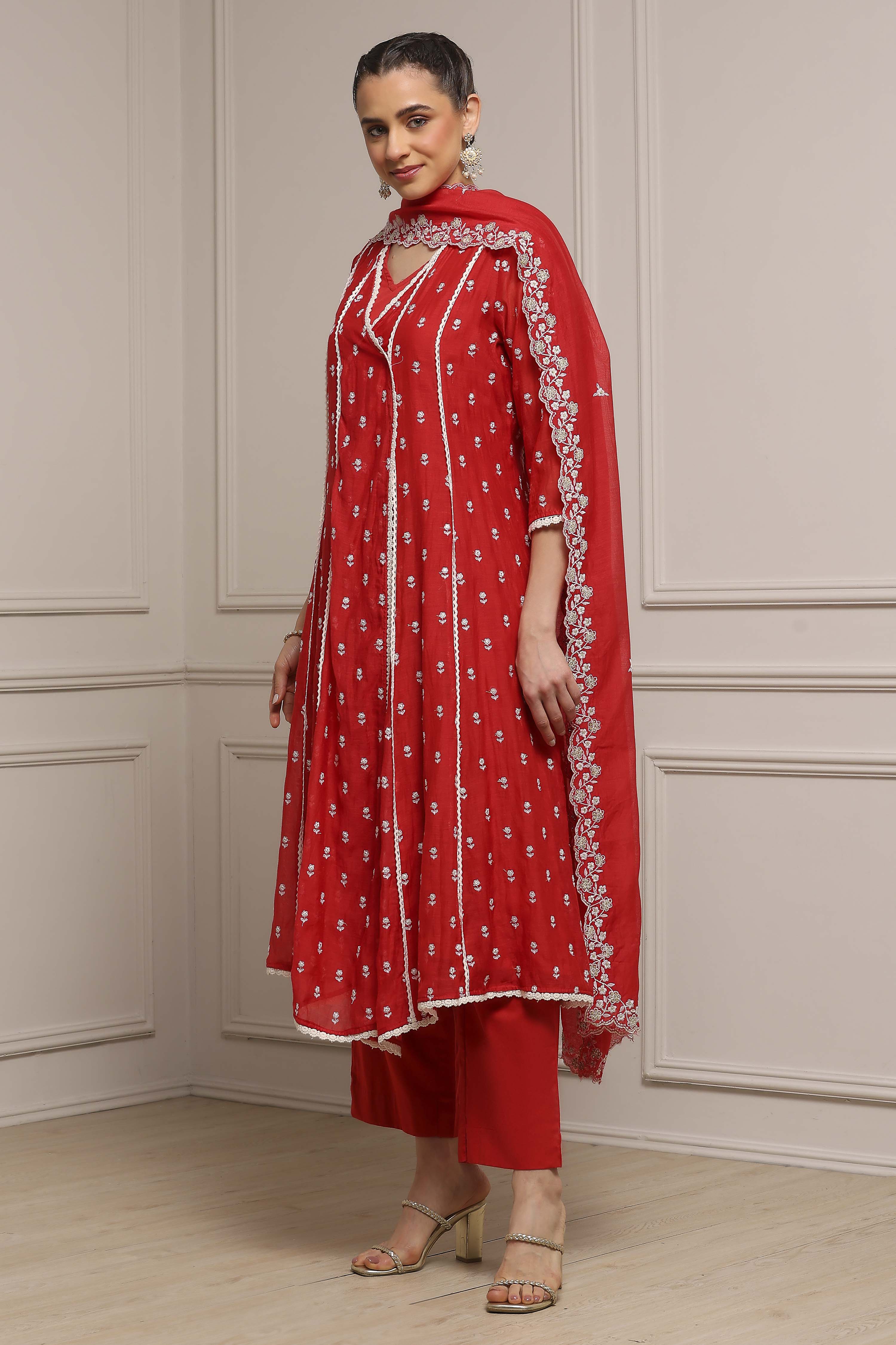 Mehndi Green Chanderi Embroidered Kalidar Suit Set image number 3