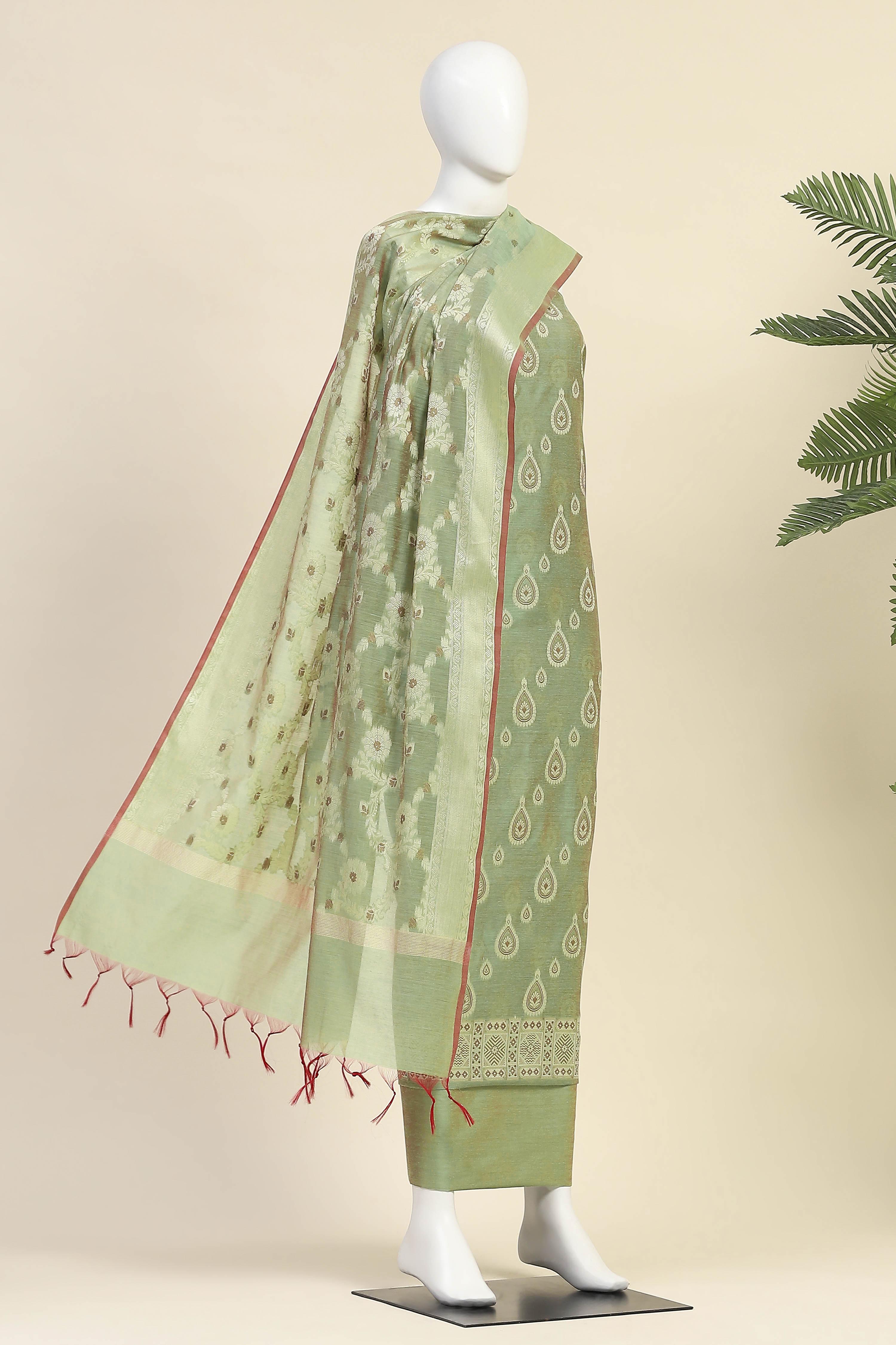 Red Chanderi  Unstitched Suit Set image number 4