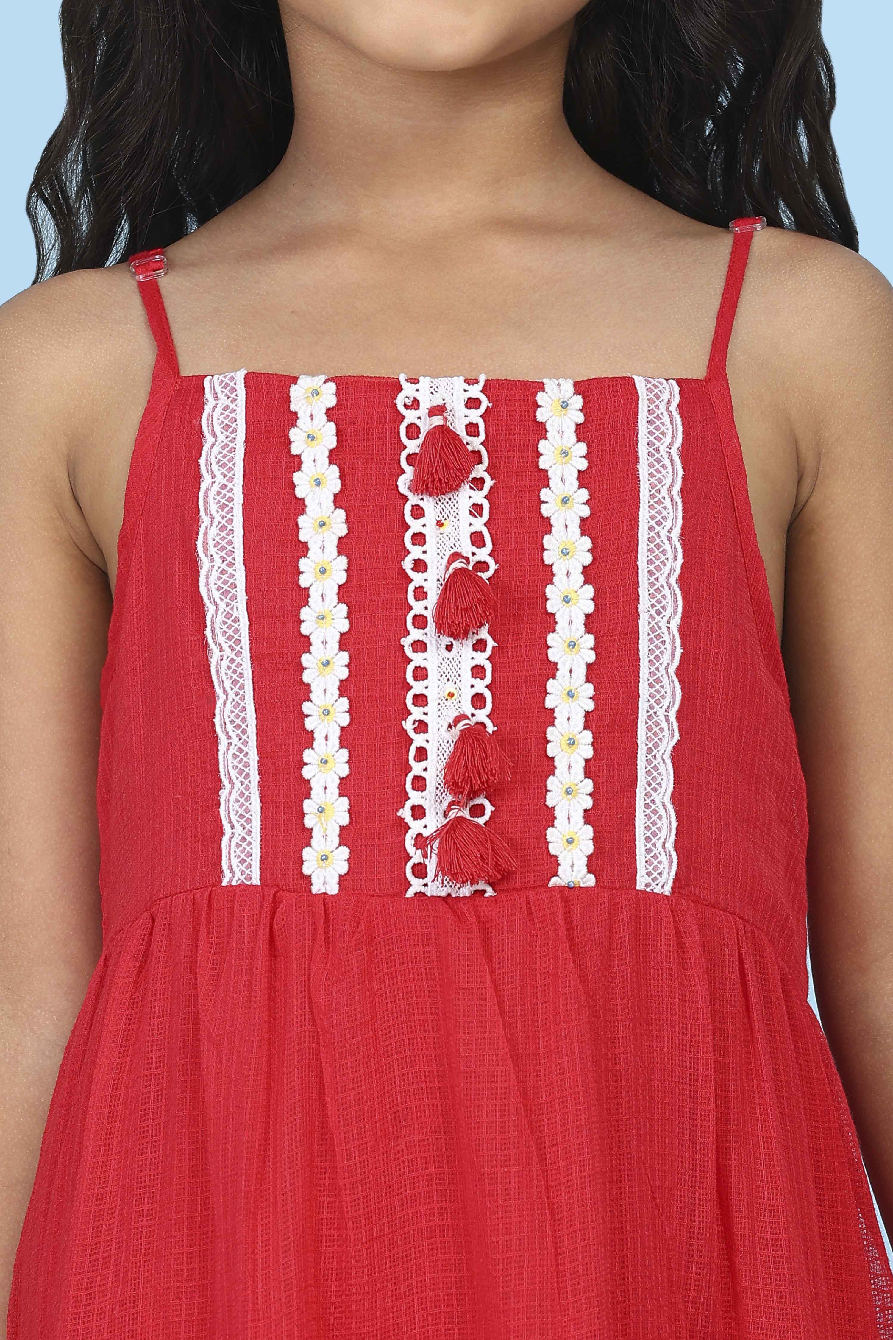 Red Cotton Solid Lace Detail Tiered Suit Set image number 1