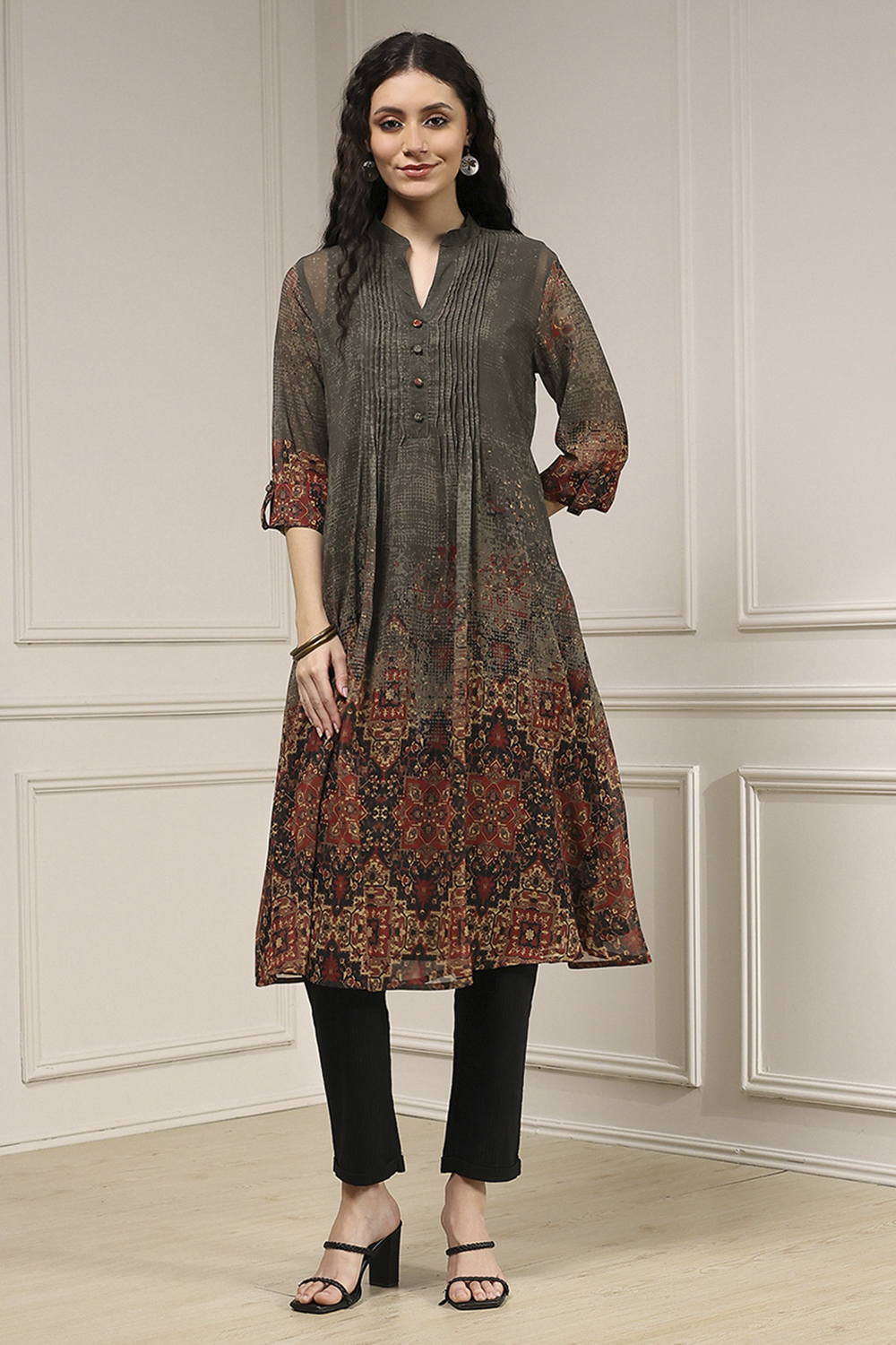 Charcoal-Rust Polyester Straight Printed Kurta image number 6