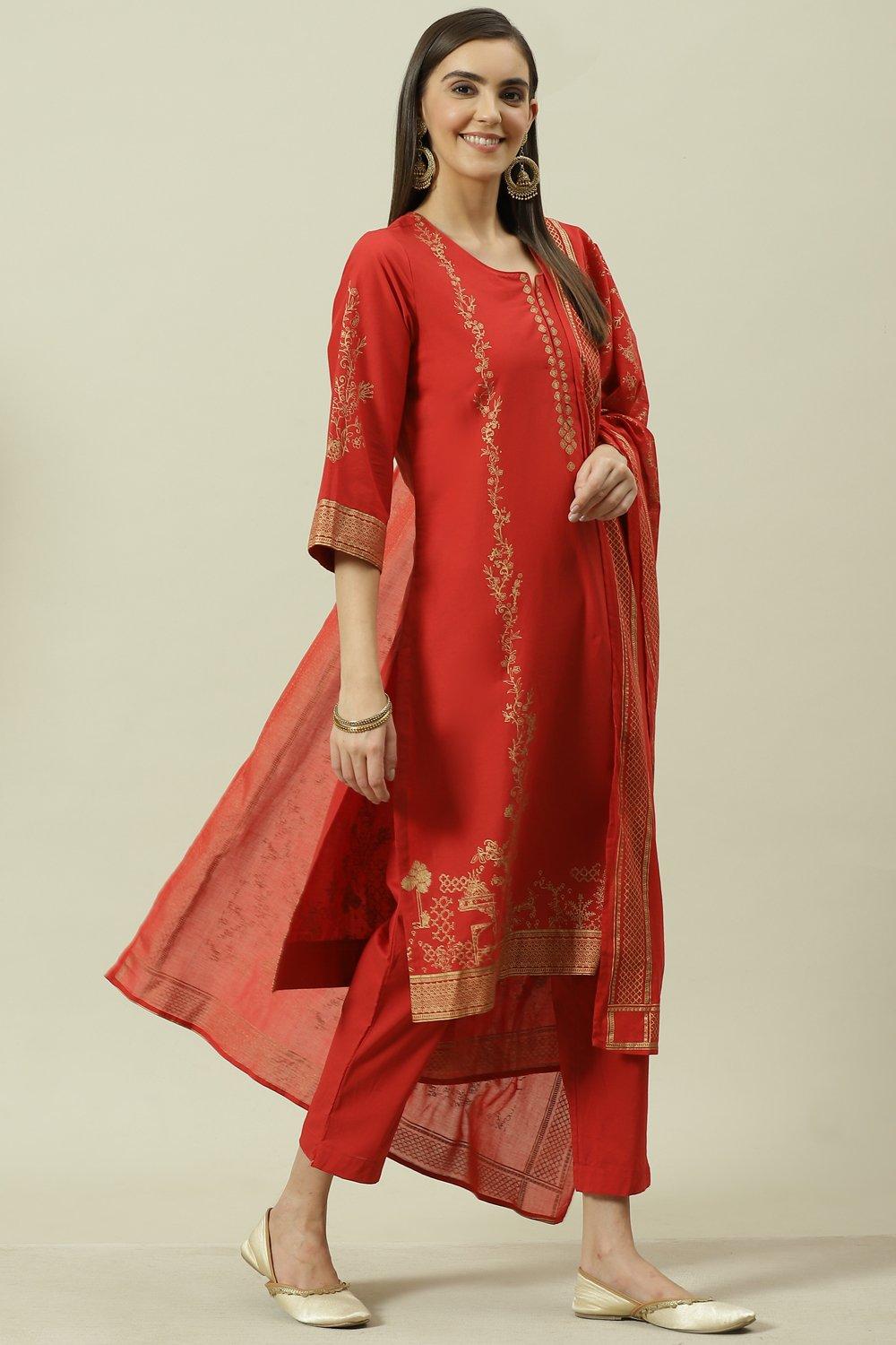 Red Cotton Straight Kurta Pants Suit Set image number 6