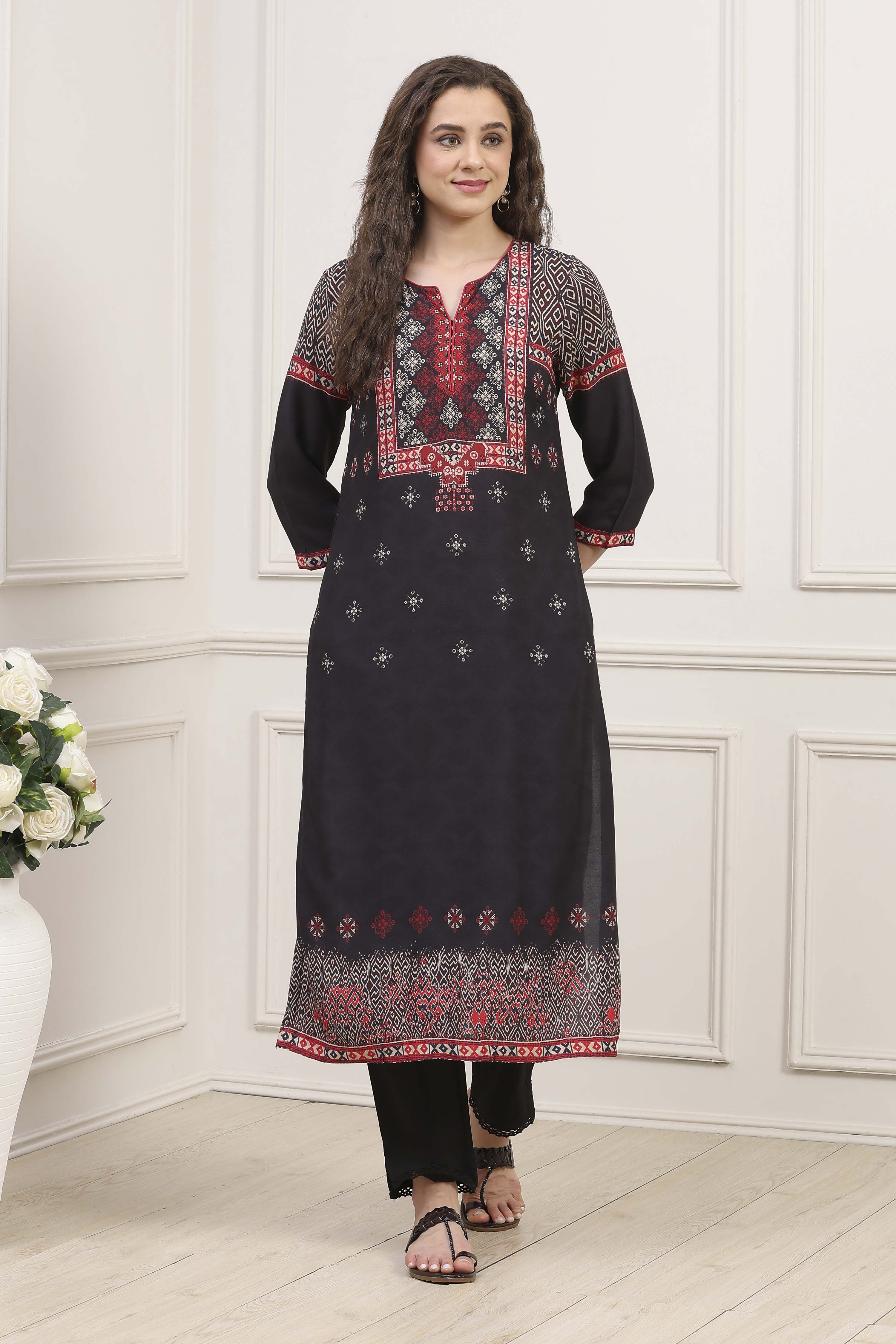 Teal Rayon Straight Printed Kurta image number 5