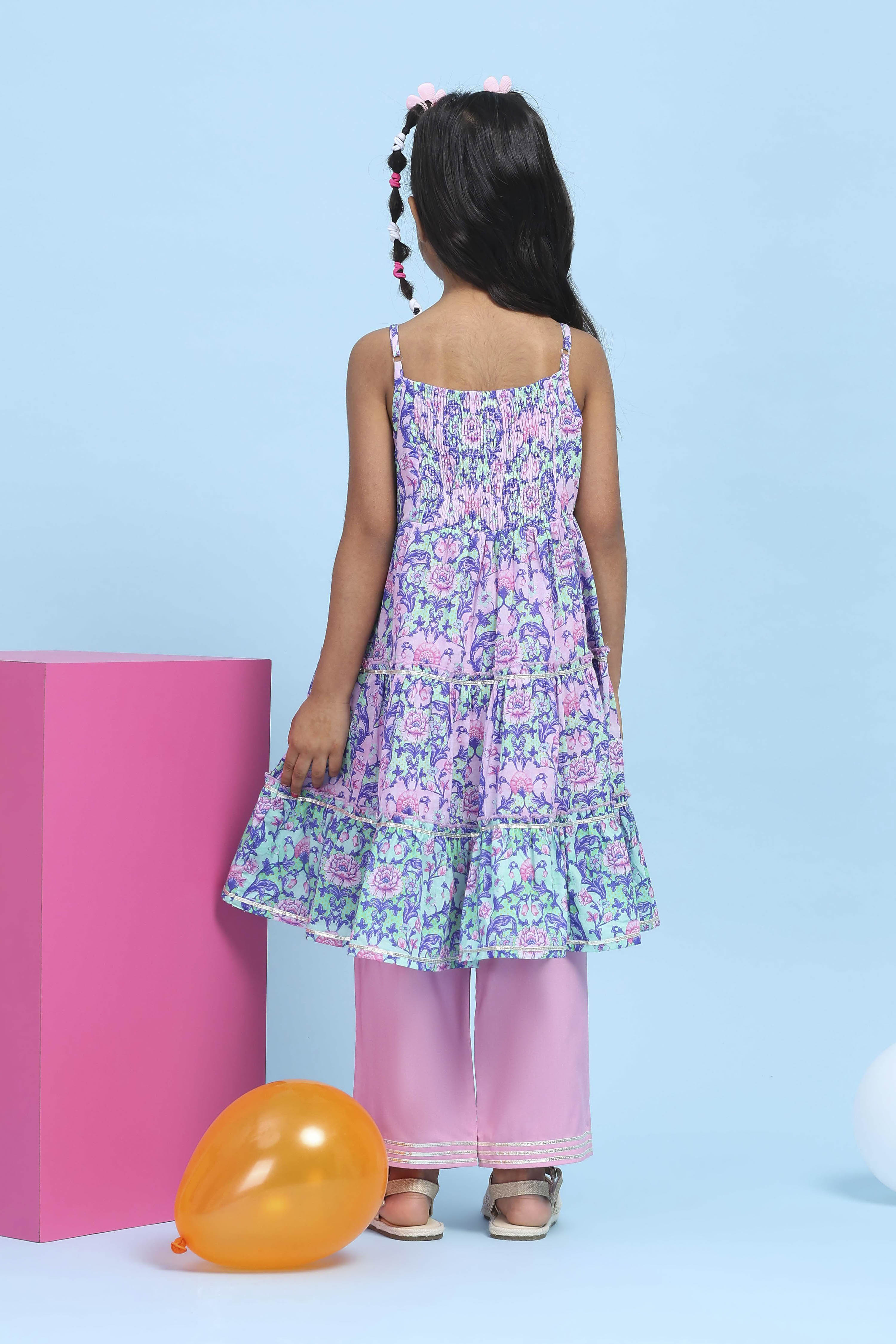 Pink Cotton Printed Tiered Suit Set image number 4