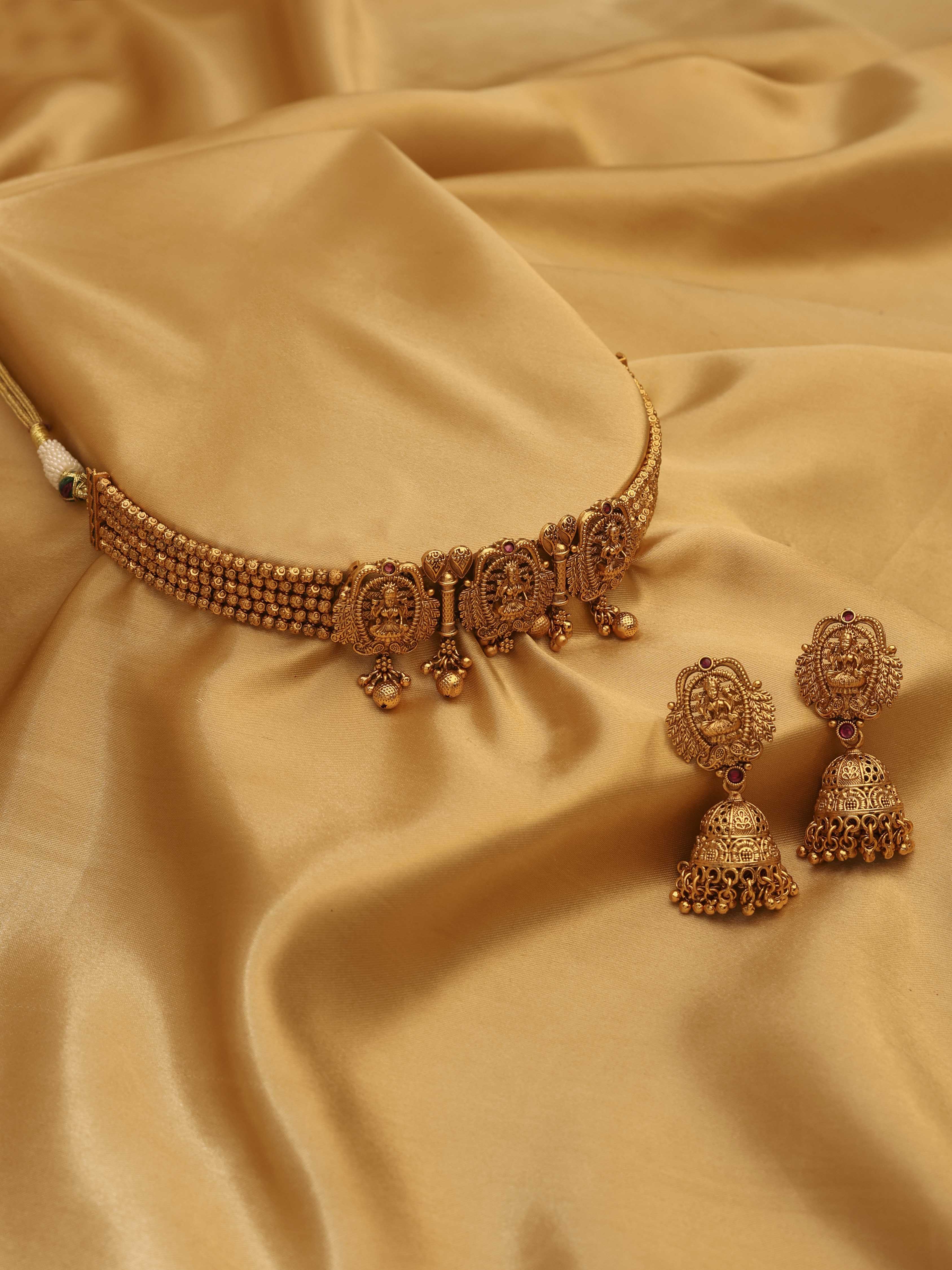Gold Plated Brass Choker Necklace Set with Jhumka image number 0