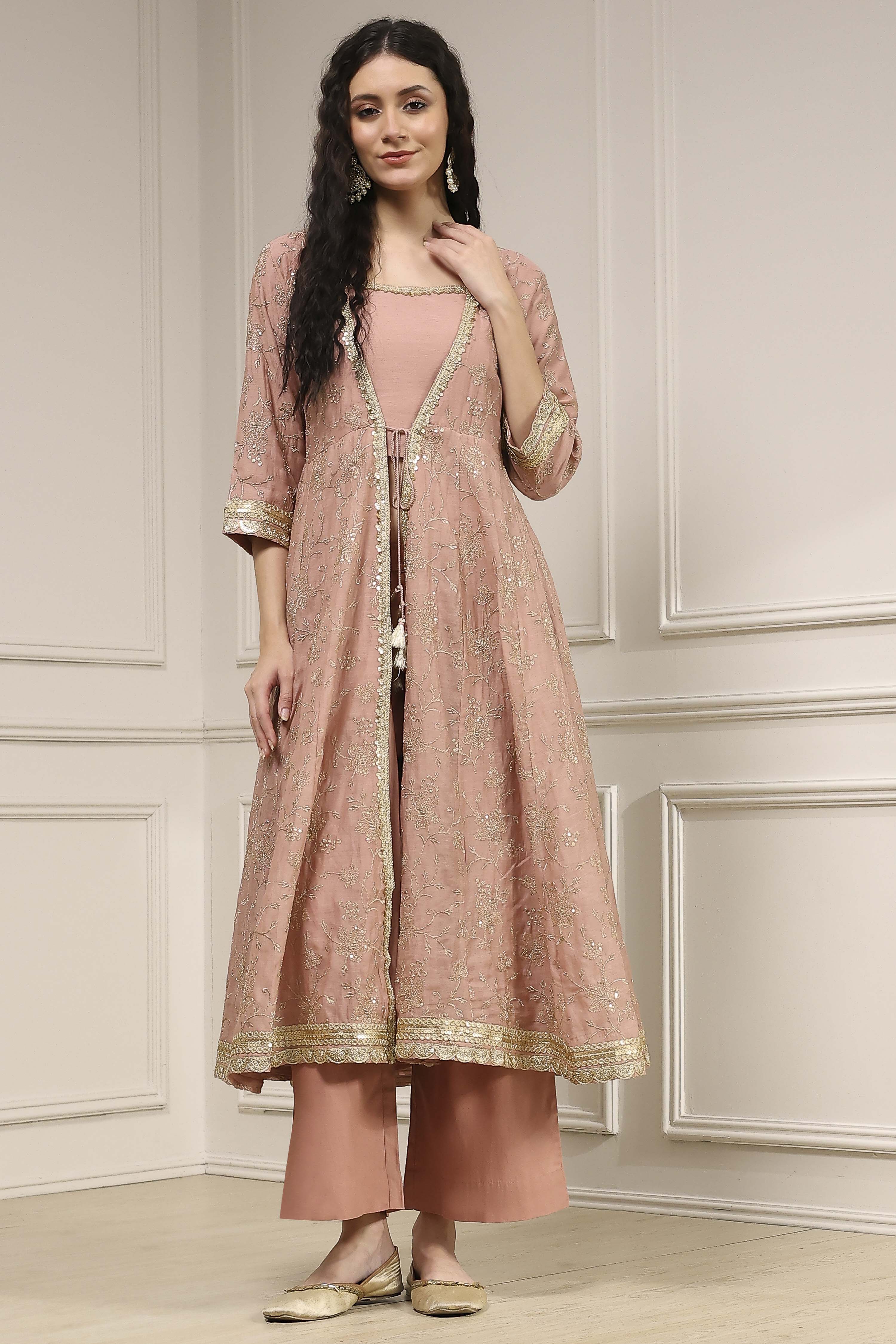 Natural White Embroidered Anarkali Fusion Set image number 6