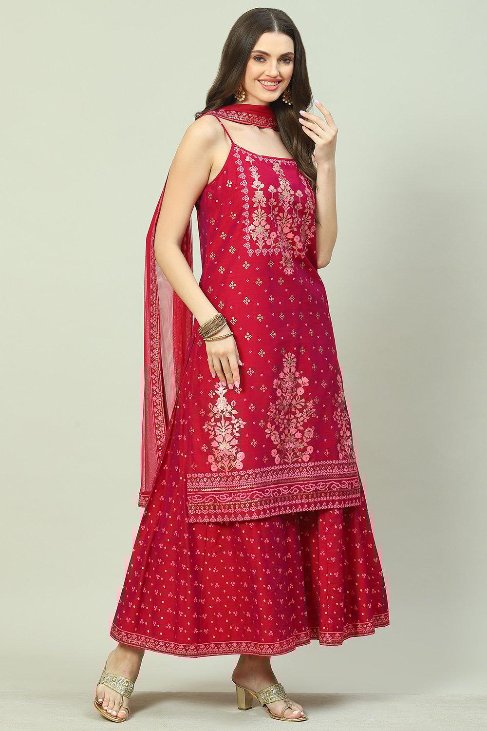 Magenta Cotton Blend Straight Printed Kurta Suit Set image number 6