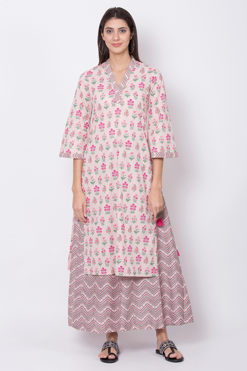 Peach Cotton Straight Kurta Sharara Suit Set image number 2