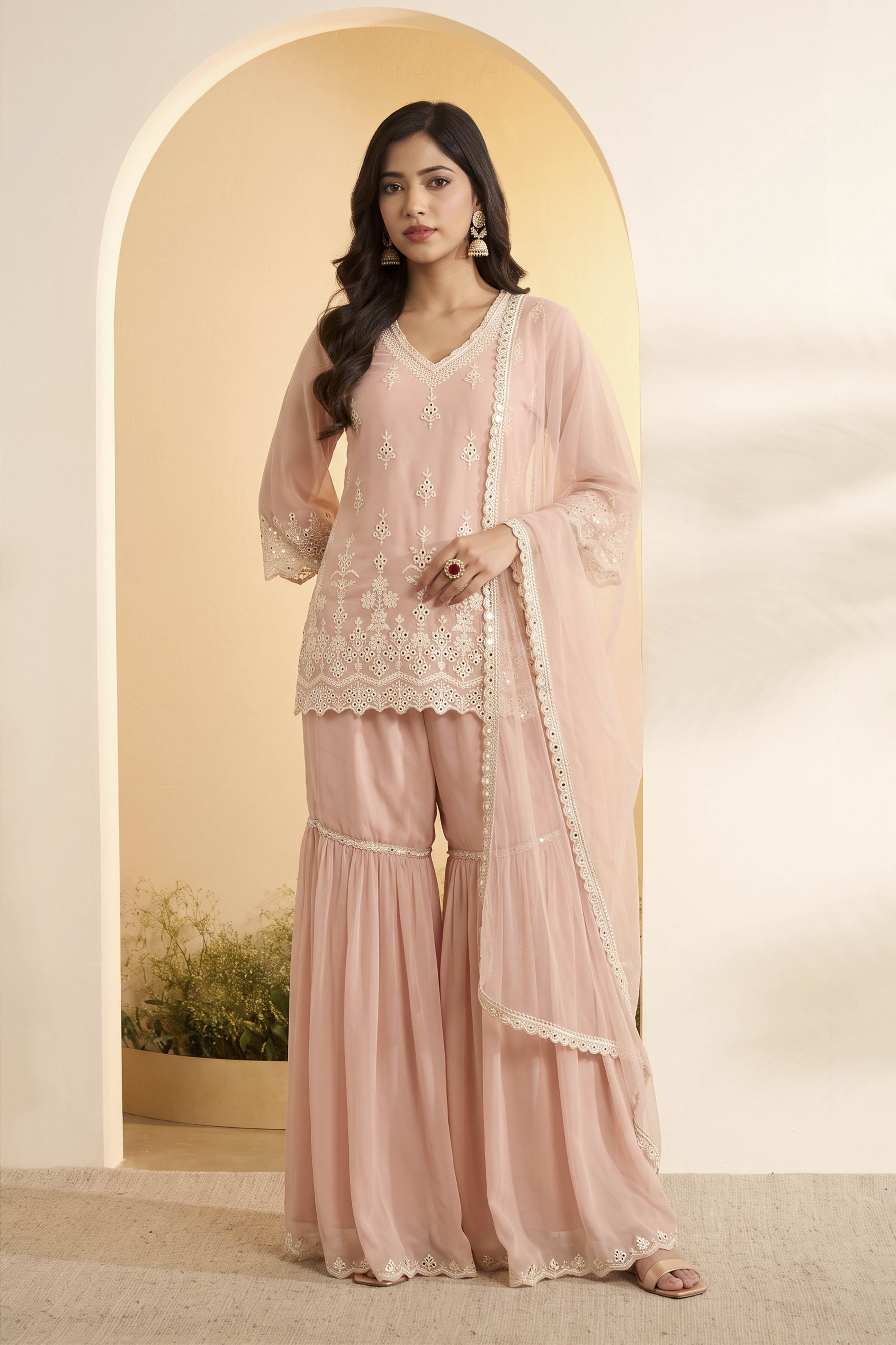 Blush Pink Embroidered Sharara Set with Net Dupatta image number 0