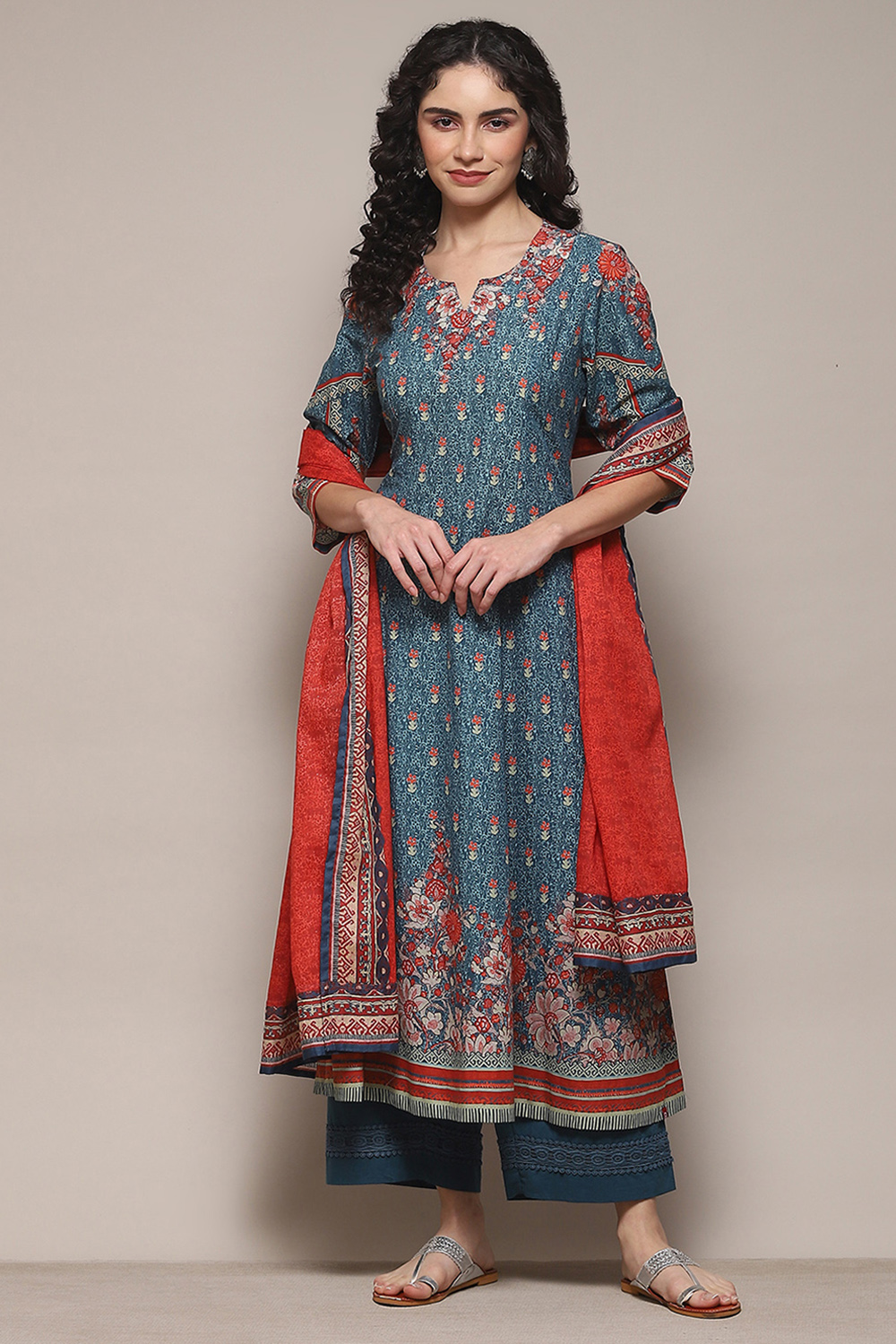 Red Cambric Kalidar Printed Kurta Palazzo Suit Set image number 7