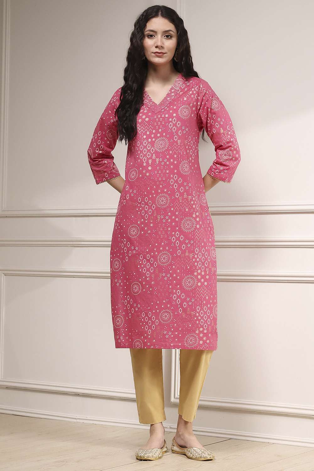 Beige Cotton Printed Straight Kurta image number 5