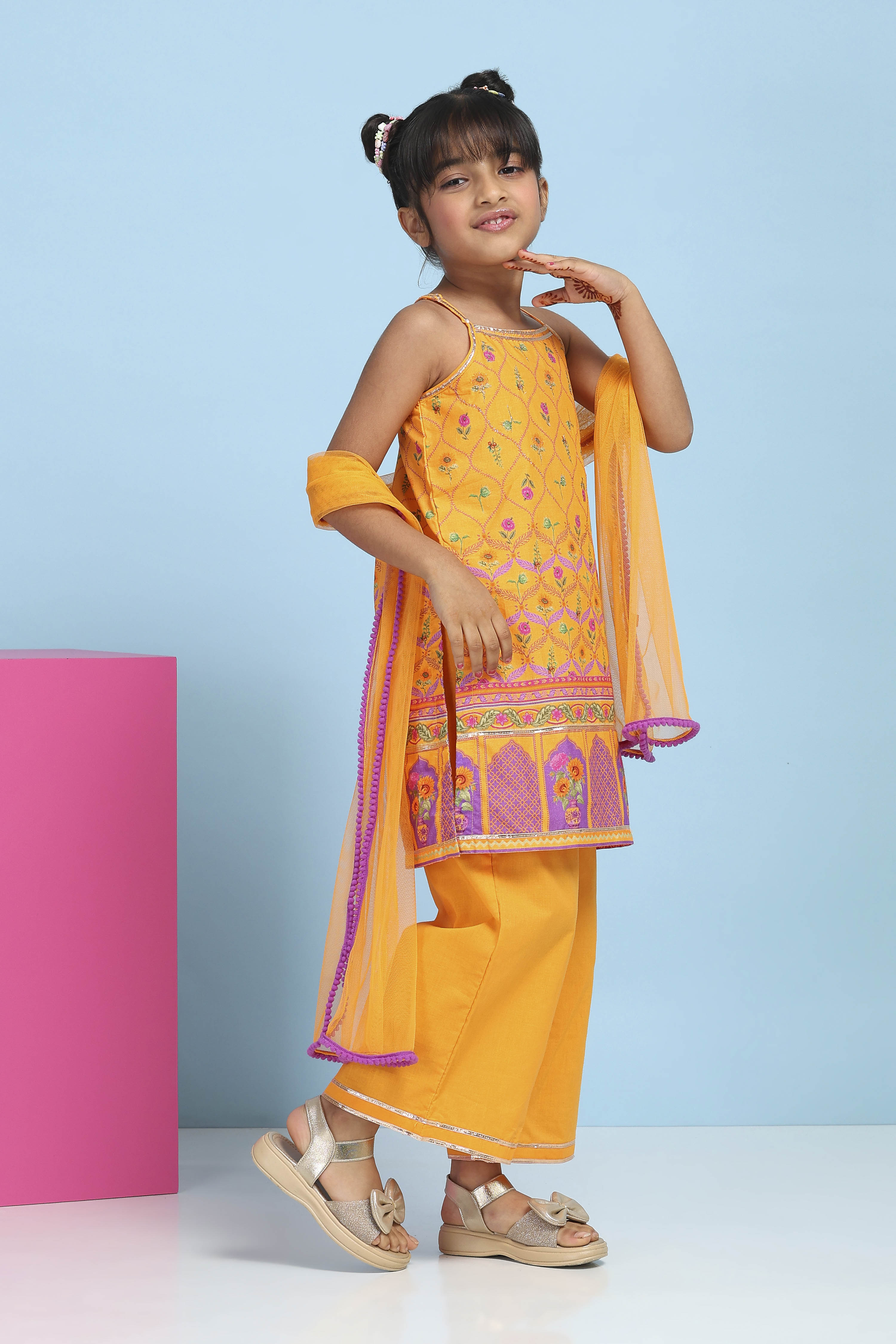 Orange Cotton Printed Straight Suit Set image number 5